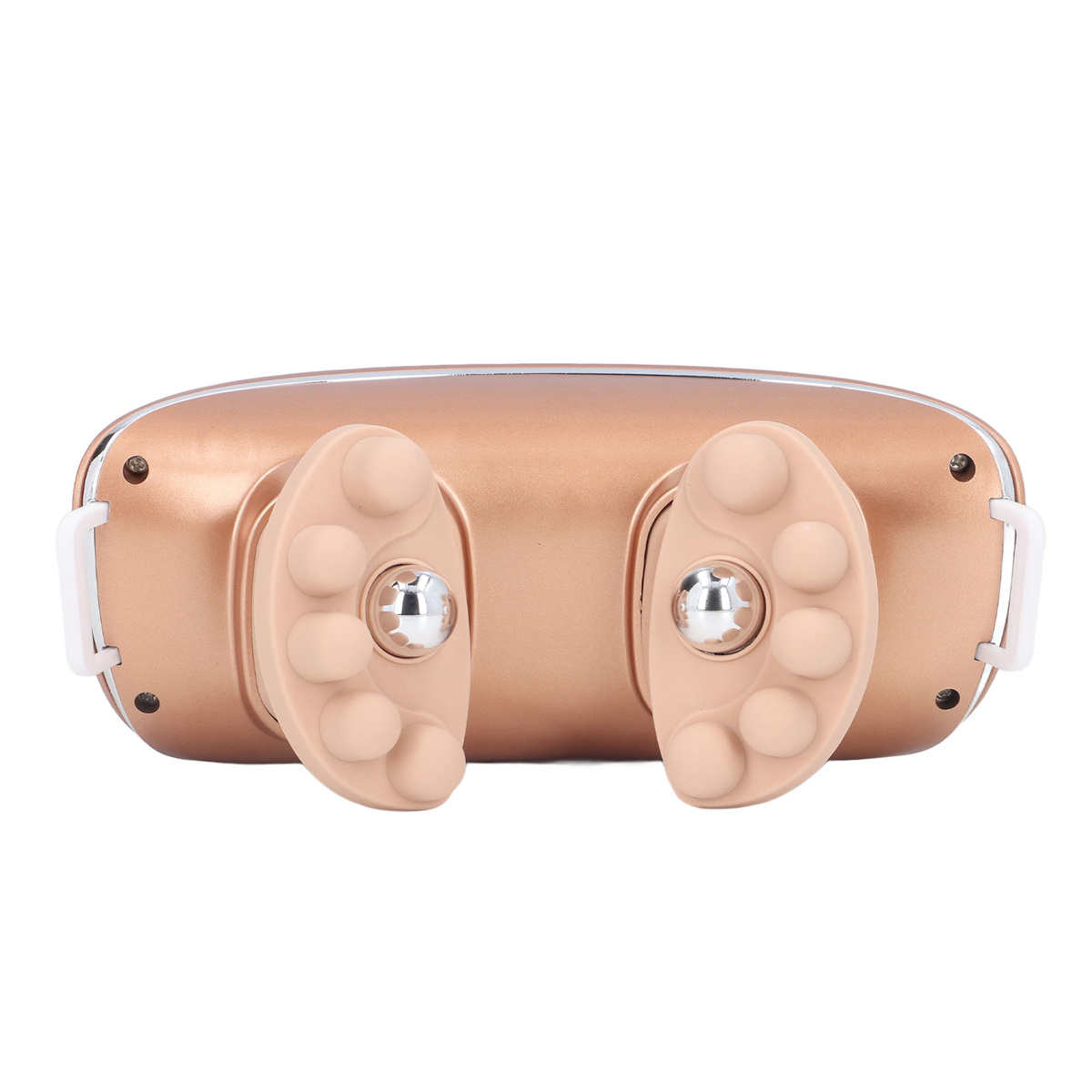 Ein goldfarbenes Kopfmassagegerät. Es hat zwei gebogene Massagearme mit mehreren Knoten. Weiße Akzente sind sichtbar.