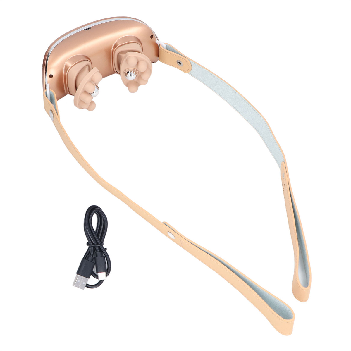 Ein Massagegerät mit beigen Riemen und angeschlossenem USB-Kabel.