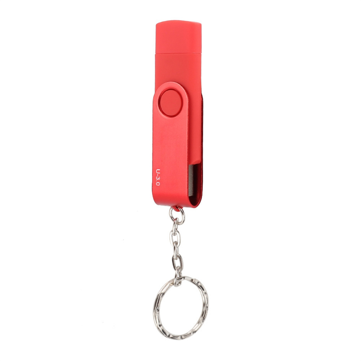 Roter USB-Stick mit Schlüsselanhänger. Silberner Ring und kleiner roter Körper. Weißer Hintergrund.