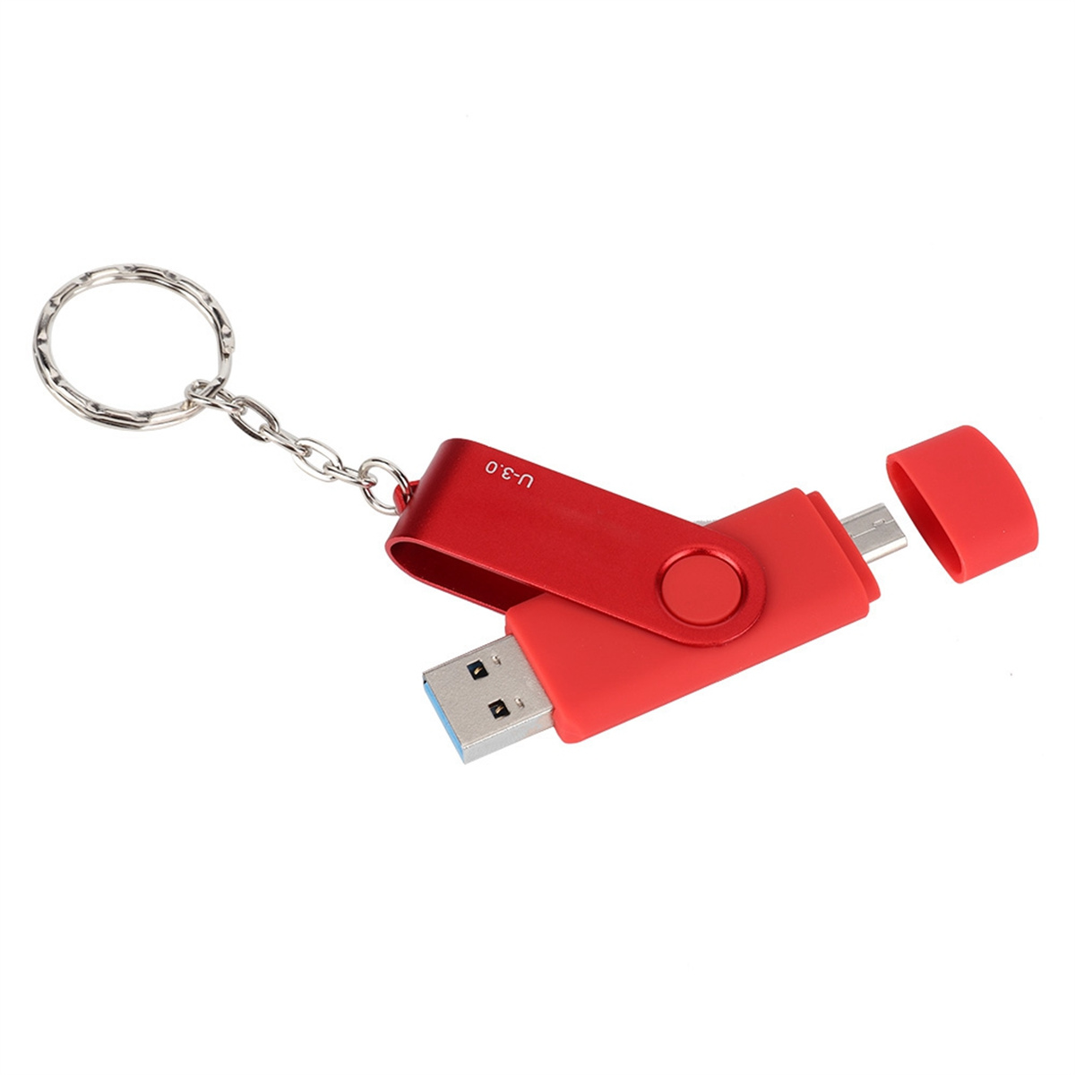 Roter und schwarzer USB-Stick an einem Schlüsselanhänger, Kappe entfernt, auf weißem Hintergrund.