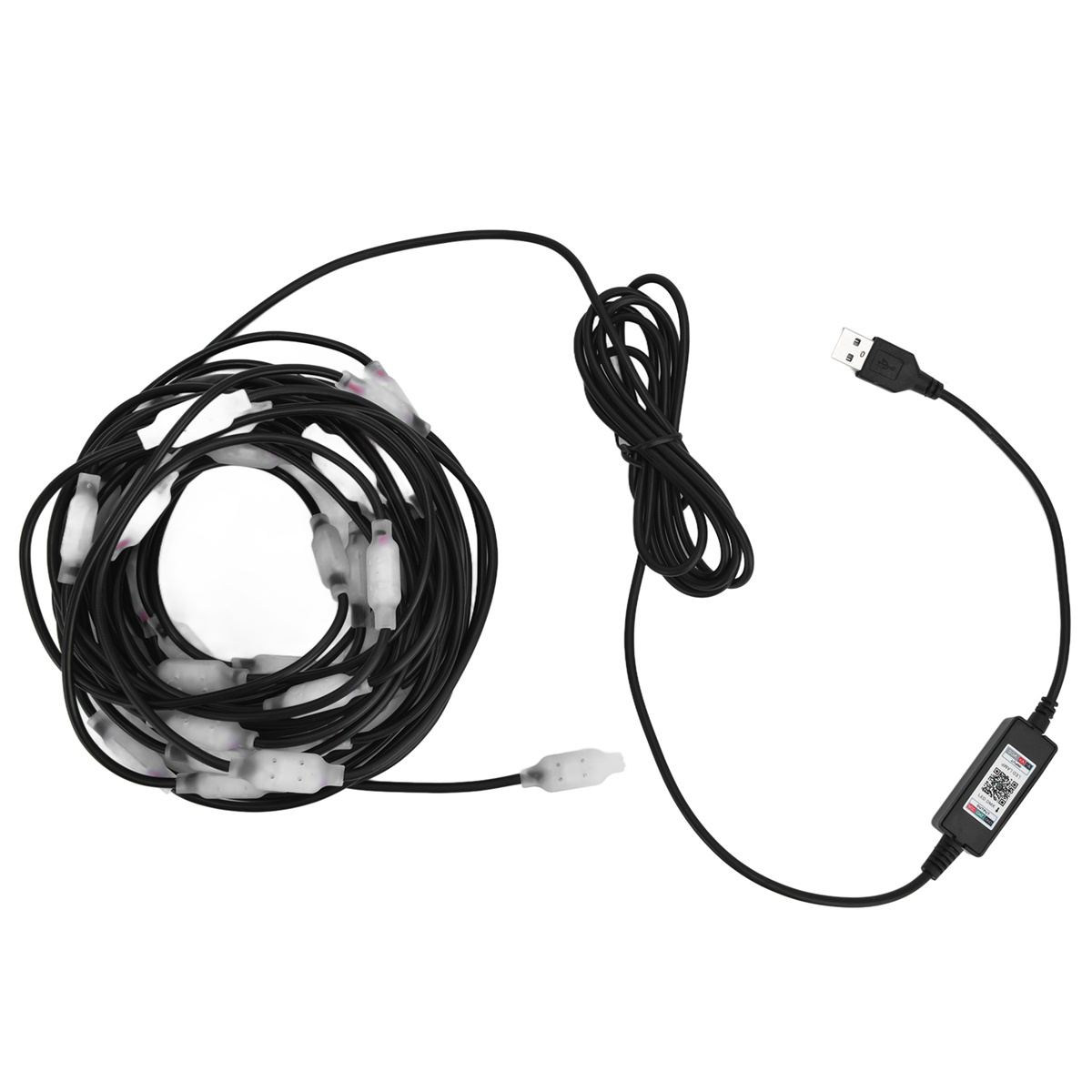 Schwarze Lichterkette mit USB-Stecker. Die Lichter sind aufgerollt.