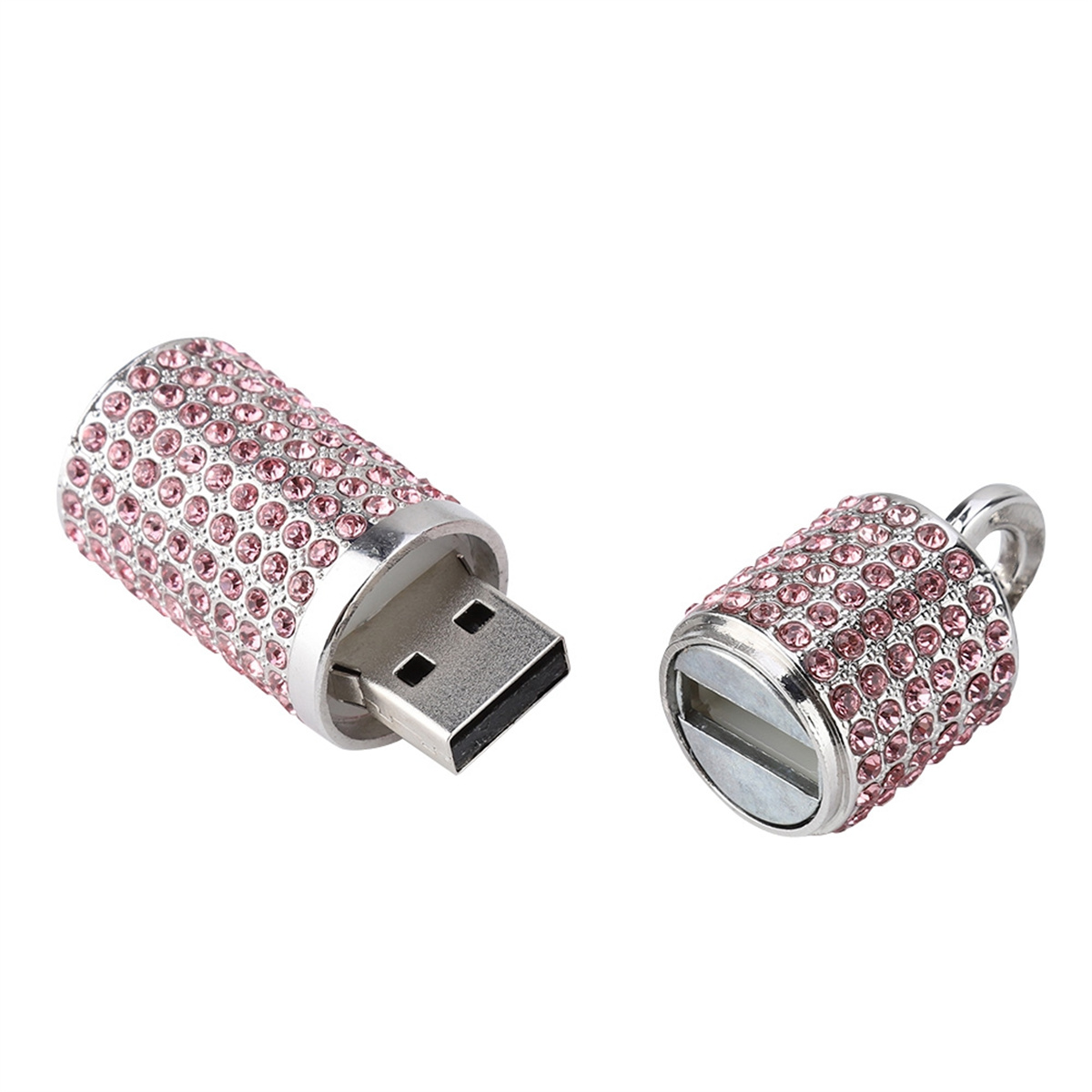 USB-Stick mit rosa Strasssteinen bedeckt. Die Kappe ist entfernt. Weißer Hintergrund.