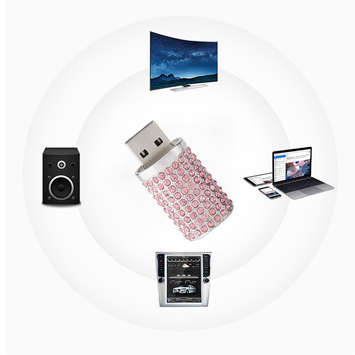USB-Stick mit rosa Edelsteinen, umgeben von Elektronik: TV, Lautsprecher, Autotafel.