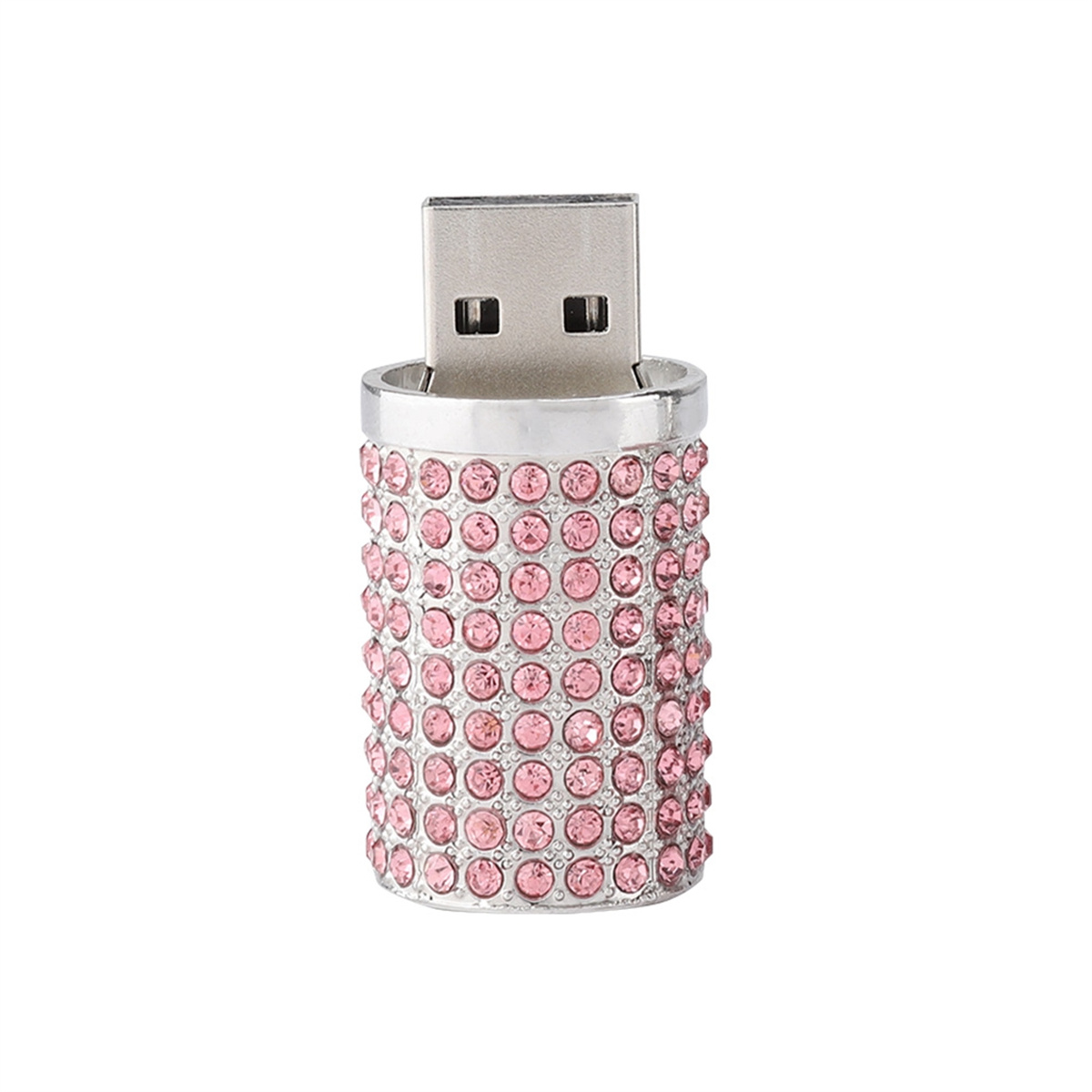 Ein USB-Stick mit rosa Kristallen wird vor weißem Hintergrund gezeigt.