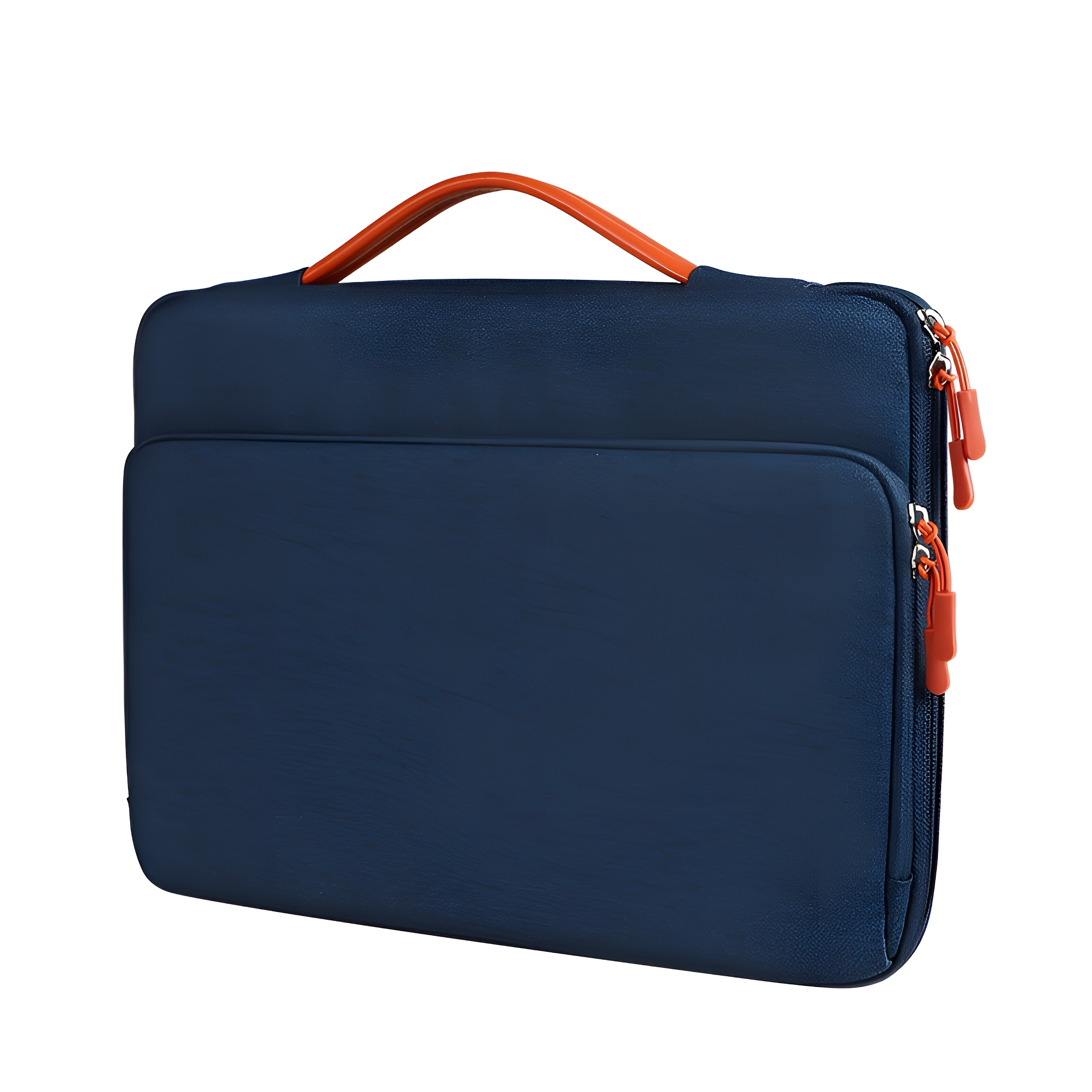 Eine marineblaue Laptoptasche mit orangefarbenem Griff und Reißverschlüssen. Sie hat eine glatte Oberfläche.