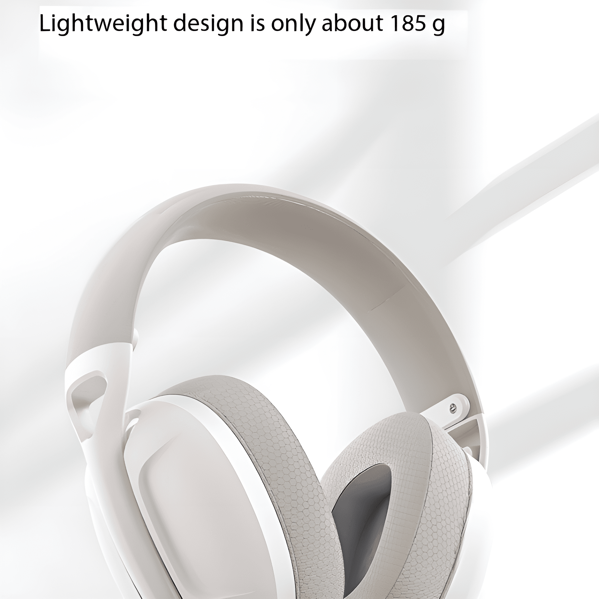 Weiße Kopfhörer mit grauem Kopfband. Der Text oben sagt, dass das leichte Design nur etwa 185 g wiegt.