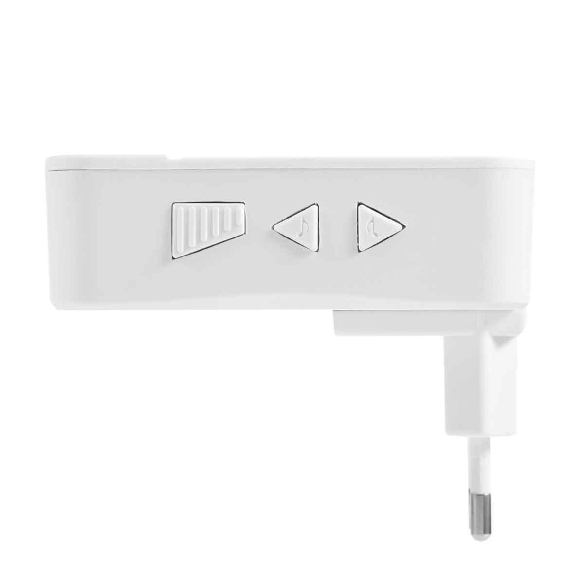 Weißes, rechteckiges Gerät mit Knöpfen und Stecker.