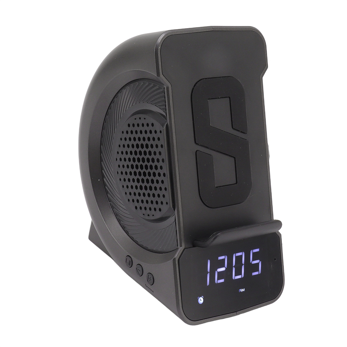 Schwarzer Wecker mit Lautsprecher, Telefonhalter und Display.