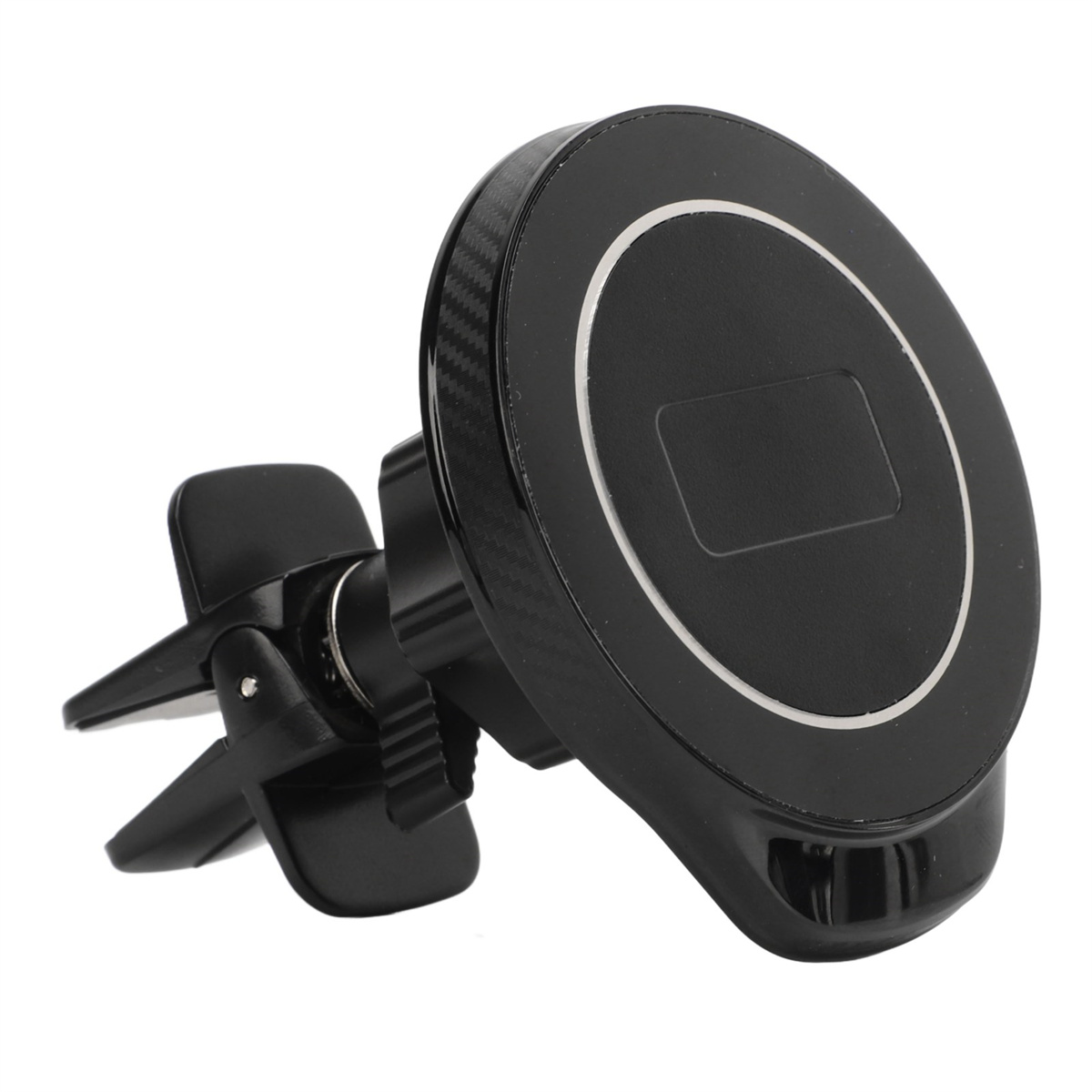 Schwarzer Handyhalter für die Lüftung. Er hat einen runden Magnetkopf und schwarze Clips.