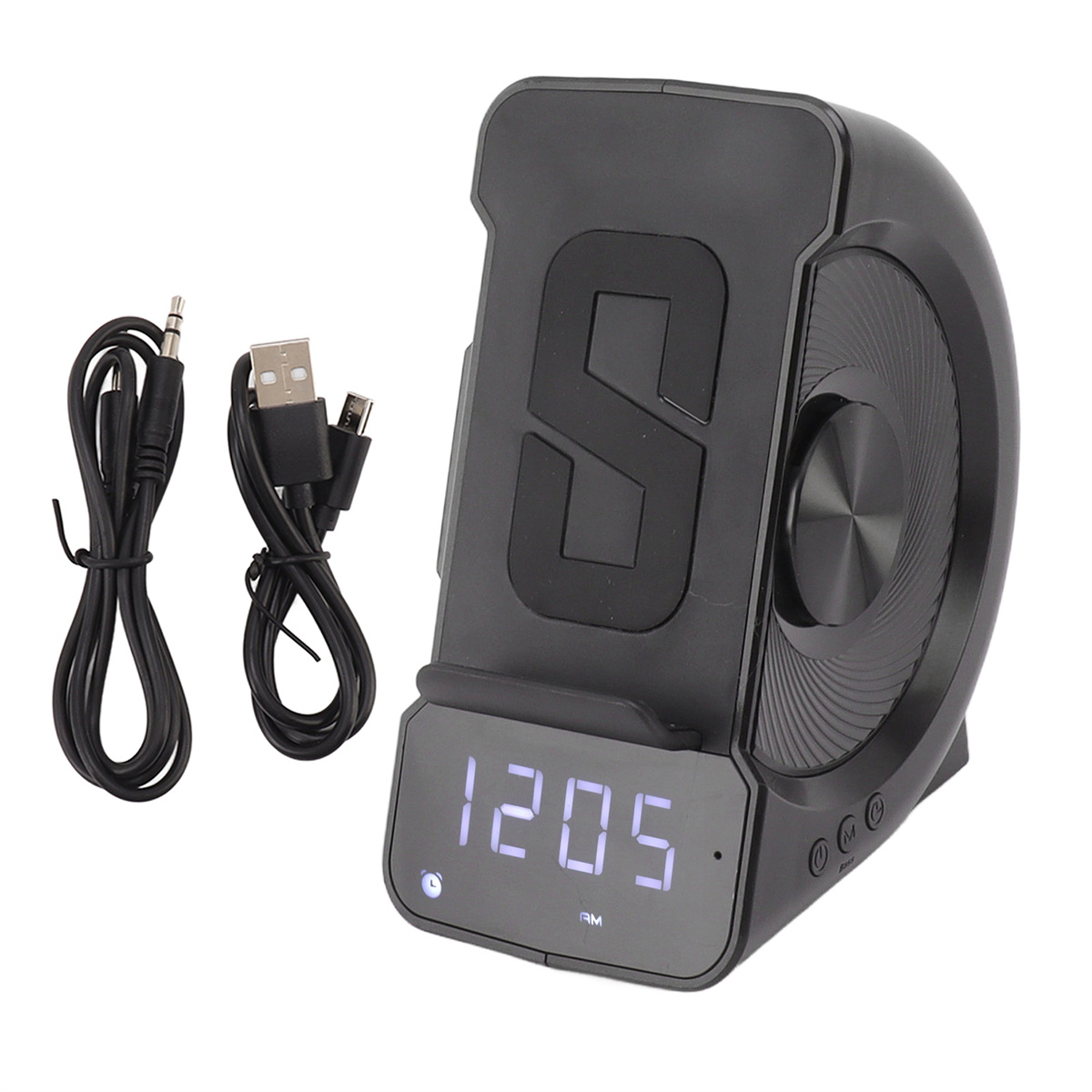 Schwarze Telefon-Ladestation mit digitaler Uhranzeige. Sie hat ein schwarzes Kabel und ein USB-Kabel.