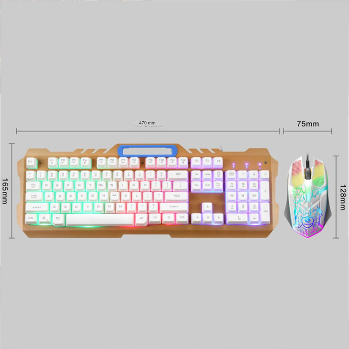 Ein Tastatur- und Maus-Set mit Maßen. Die Tastatur ist braun und die Maus weiß mit RGB.