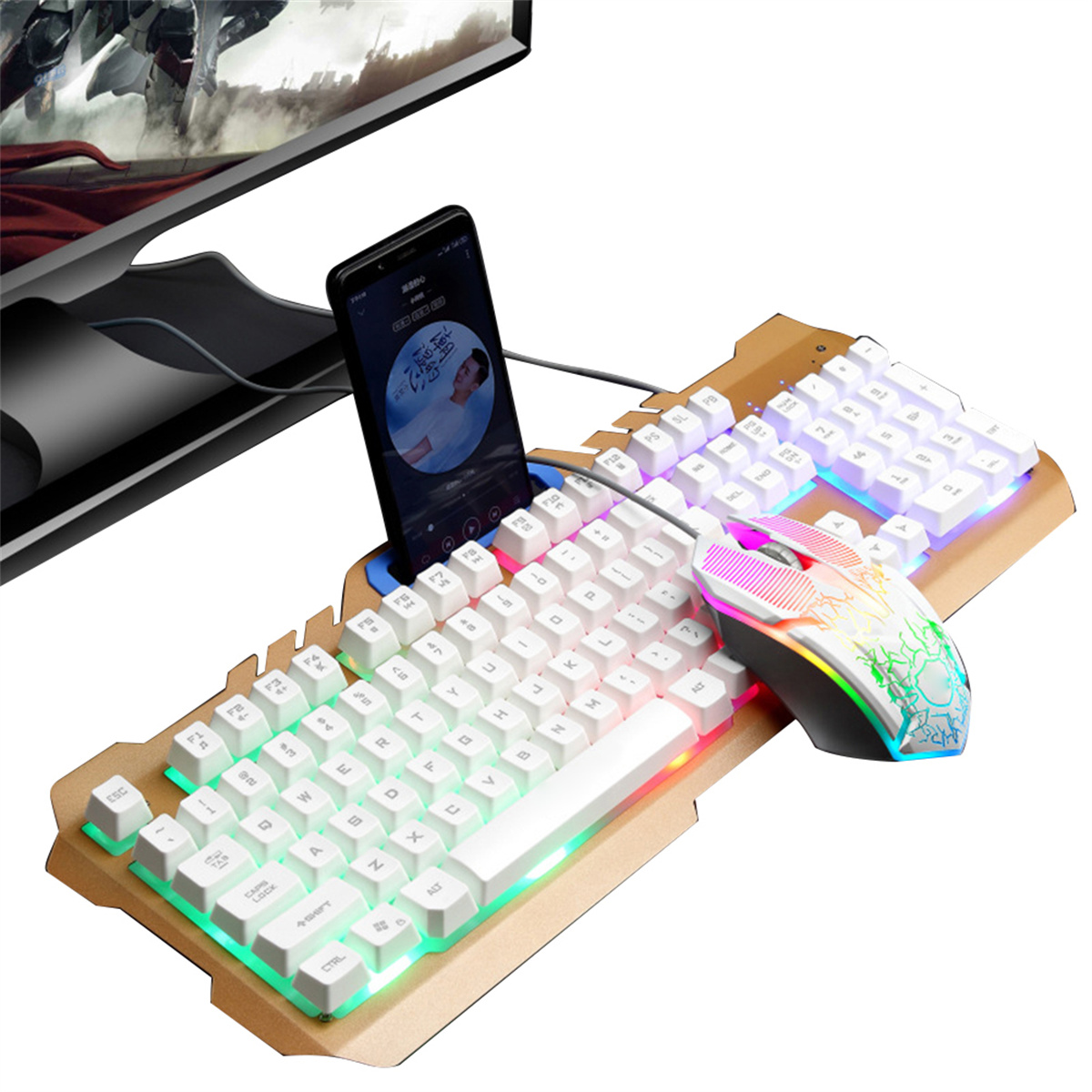 Gaming-Tastatur- und Maus-Set, mit Telefonständer und Smartphone, das Musik abspielt.