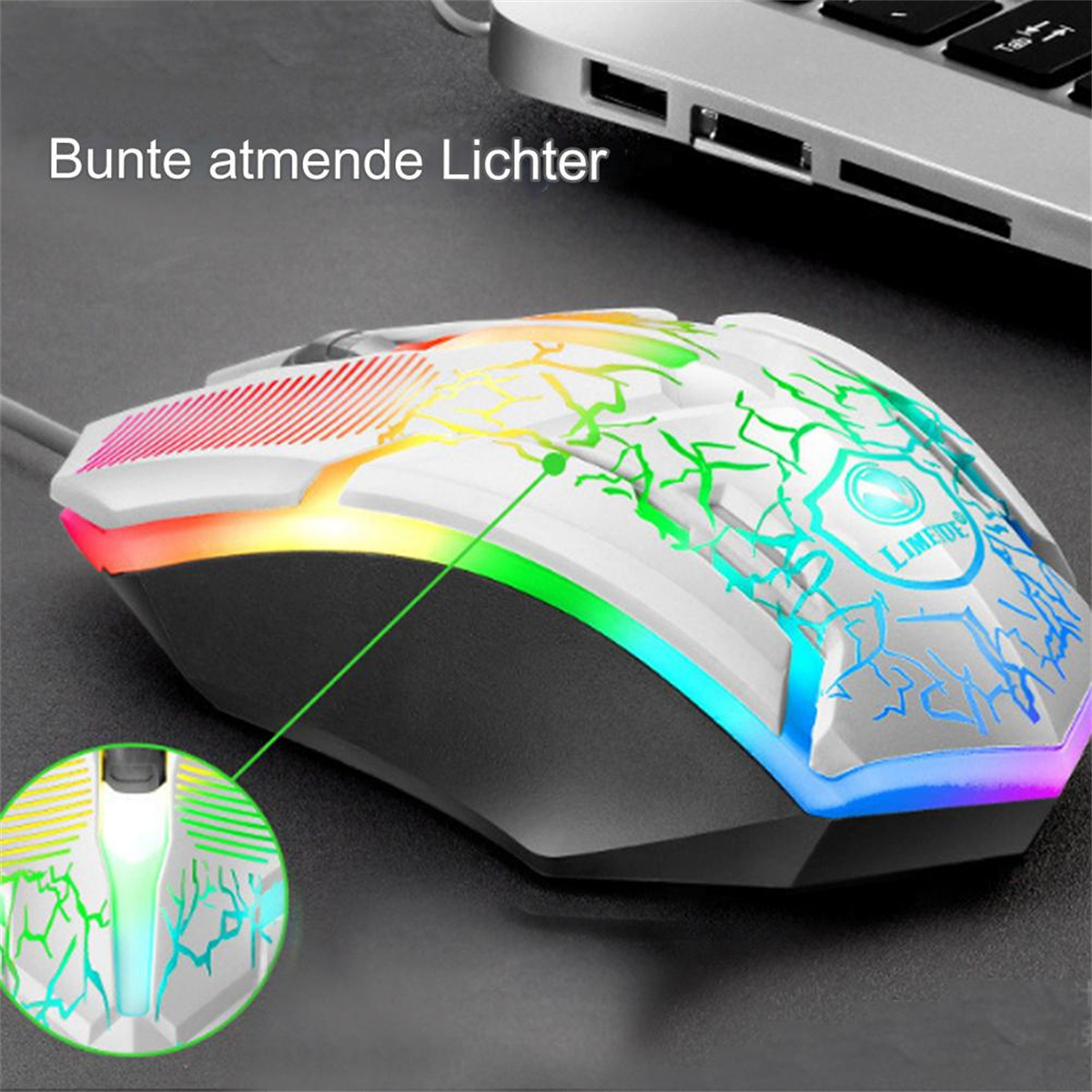Eine Gaming-Maus mit bunten, atmenden Lichtern und einer Nahaufnahme des Scrollradbereichs.