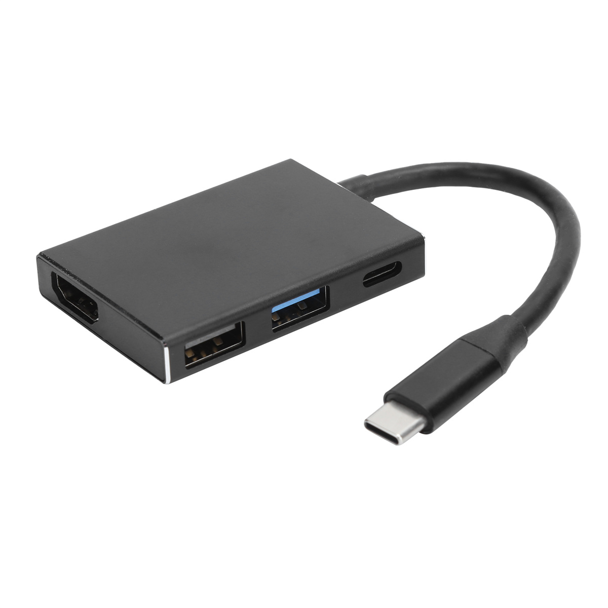 Ein schwarzer USB-Hub mit HDMI-, USB- und USB-C-Anschlüssen sowie einem Kabel mit USB-C-Anschluss.