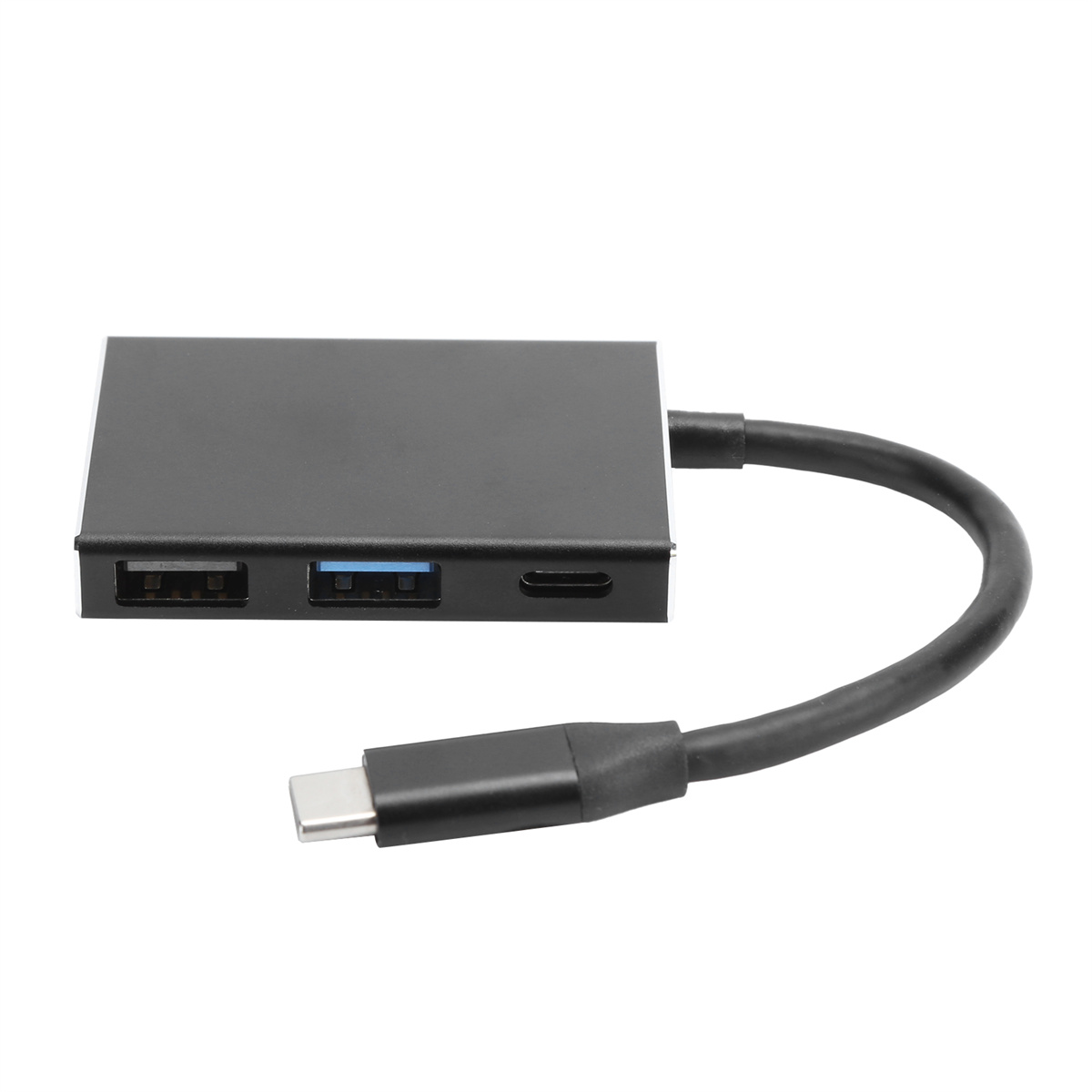 Ein schwarzer USB-Hub mit mehreren Anschlüssen und einem USB-C-Kabel.