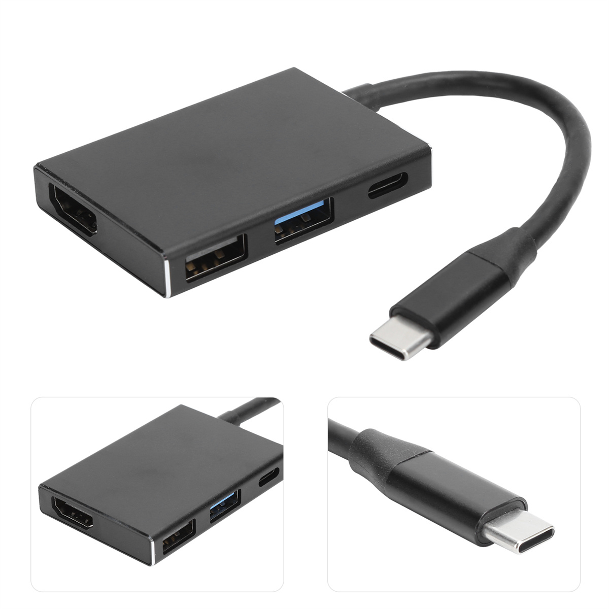 Schwarzer USB-C-Hub mit HDMI- und USB-Anschlüssen. Enthält drei Detailaufnahmen, die die Anschlüsse und das Kabel zeigen.