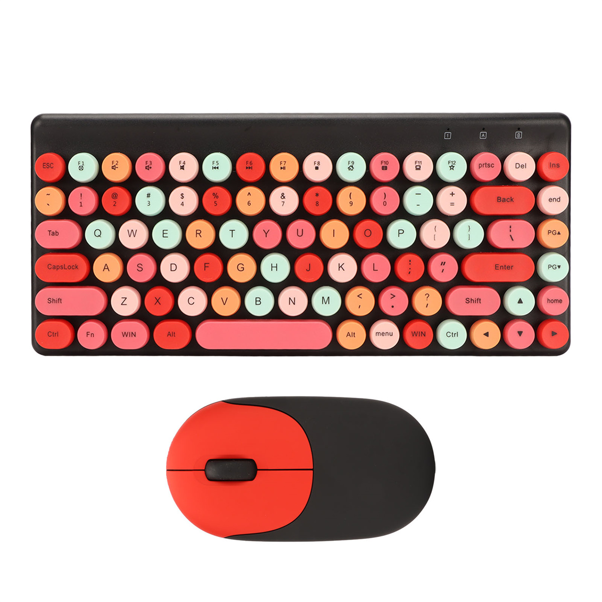 Schwarze Tastatur mit bunten Tasten und passender rot-schwarzer Maus.