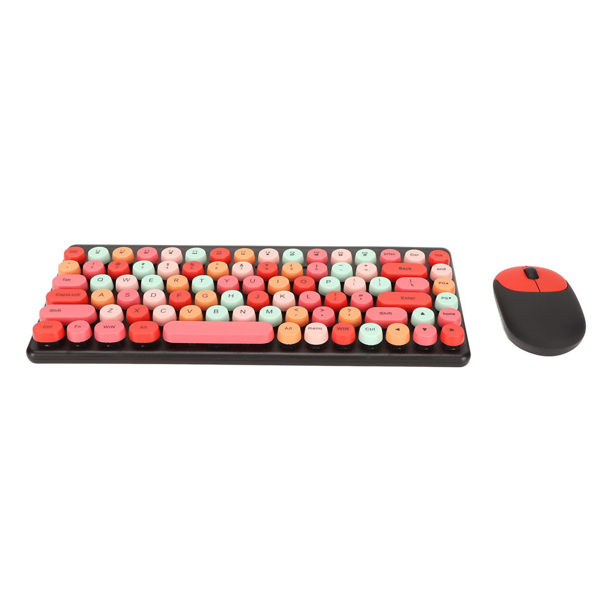 Bunte Retro-Tastatur und eine rot-schwarze Maus auf weißem Hintergrund.