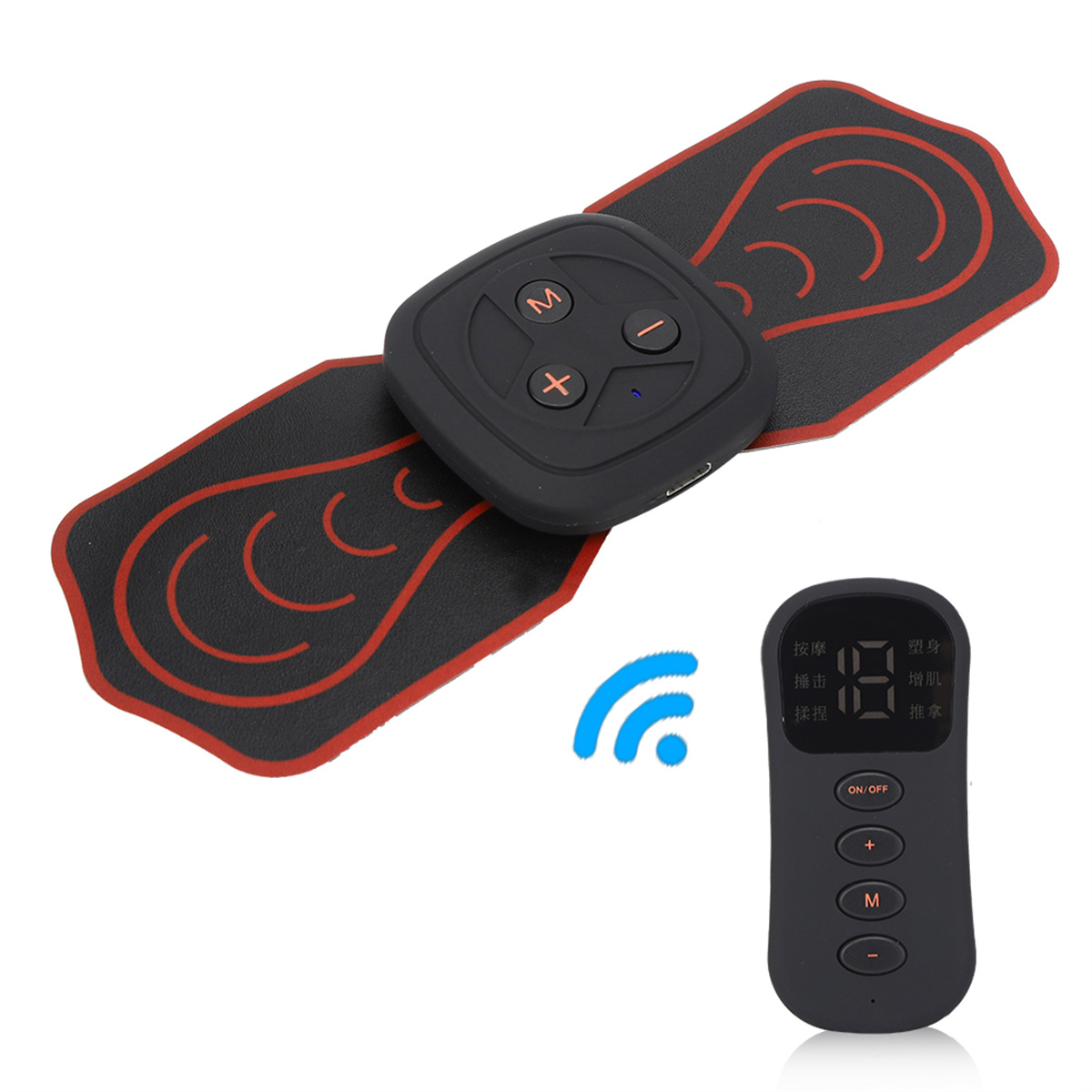 Schwarzes Gerät mit Knöpfen und Pads, sowie Fernbedienung und WiFi-Symbol.