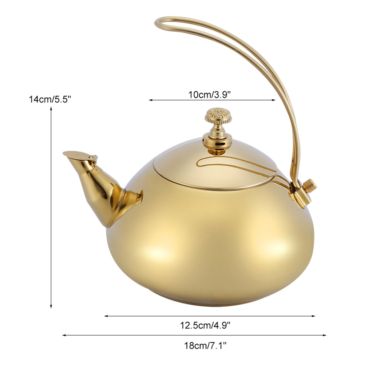 Goldene Teekanne mit gebogenem Griff, Ausguss und Maßen auf Weiß.