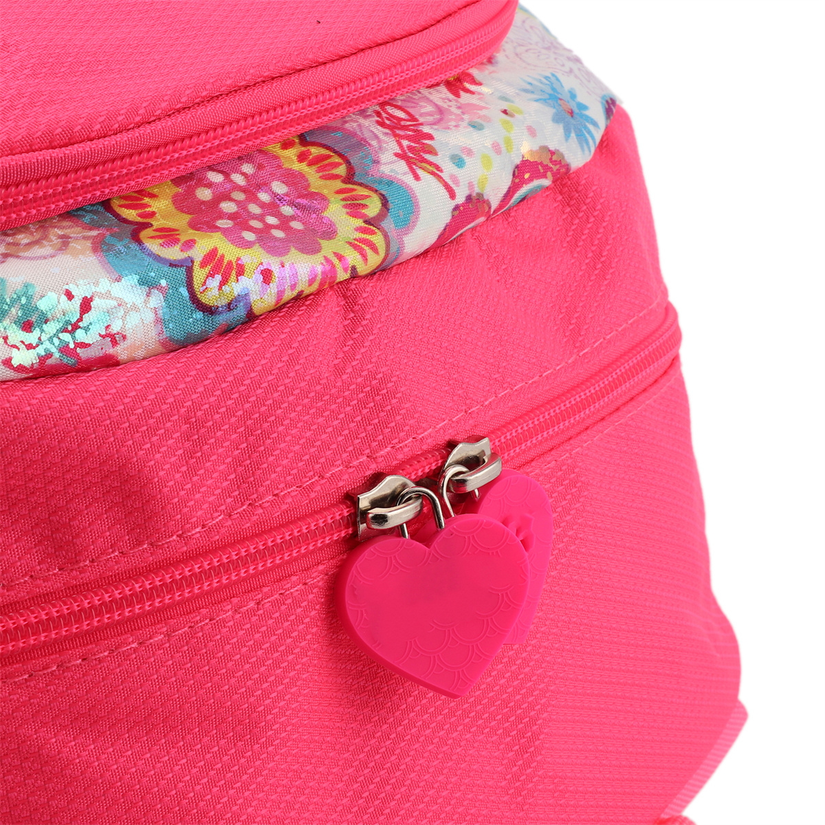 Rosa Rucksack mit Blumendruck auf der oberen Tasche und einem herzförmigen Schloss.
