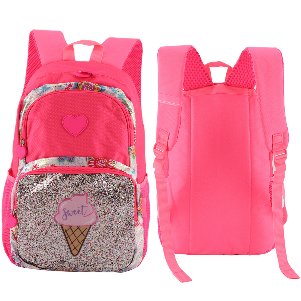 Rosa Rucksack mit Eiscreme-Design. Vorne: Eistüte, Glitzer. Hinten: einfarbig rosa. Zwei Seiten mit Taschen.