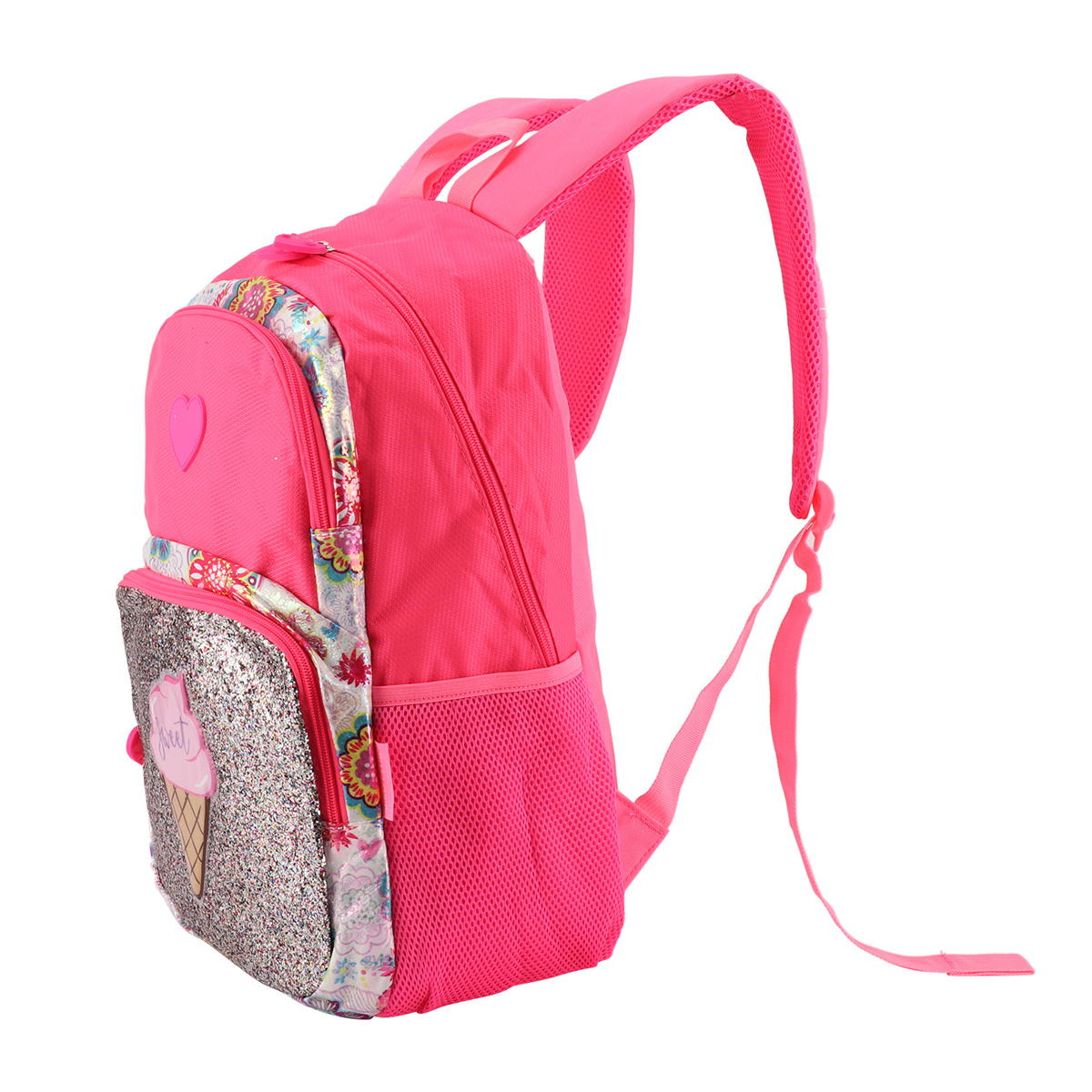 Rosa Rucksack mit einem süßen Eiswaffel-Design auf der Vordertasche.