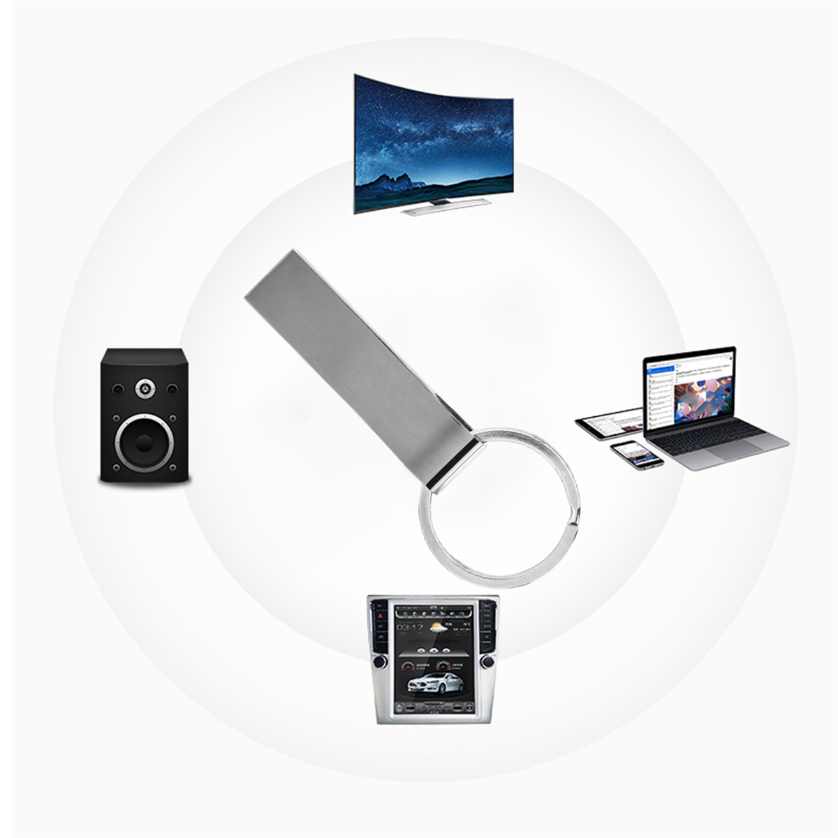 Silberner USB-Stick neben einem Lautsprecher, einem Fernseher, einem Laptop und einem Telefon. Alles kreisförmig angeordnet.