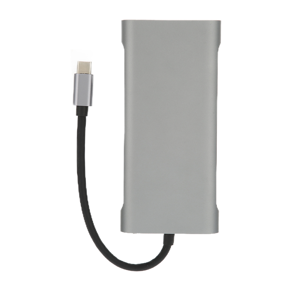 Silberner USB-C-Hub mit schwarzem Kabel. Der Hub hat eine rechteckige Form.
