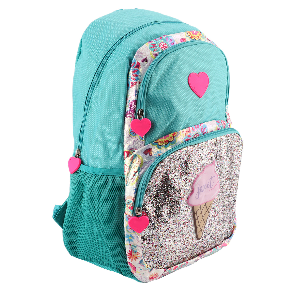 Ein türkisgrüner Rucksack mit einer paillettenbesetzten Vordertasche und herzförmigen Reißverschlussanhängern.