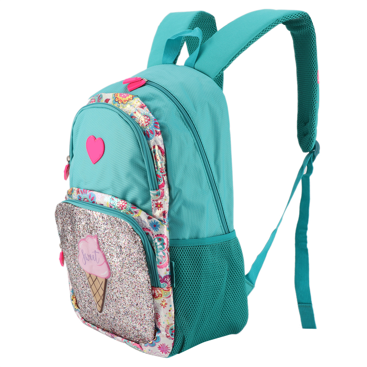 Ein türkisfarbener Rucksack mit Eiswaffel-Design und einem rosa Herzdetail.