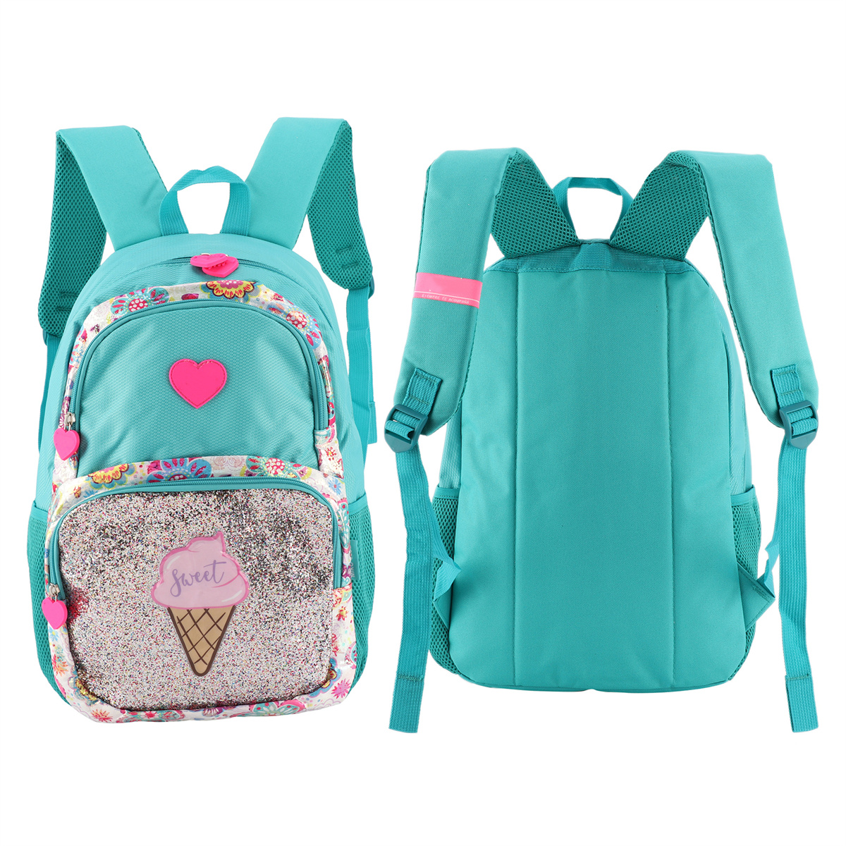 Ein hell türkisfarbener Rucksack mit einem Eiswaffel-Design auf der Vorderseite und einer passenden türkisfarbenen Rückseite.