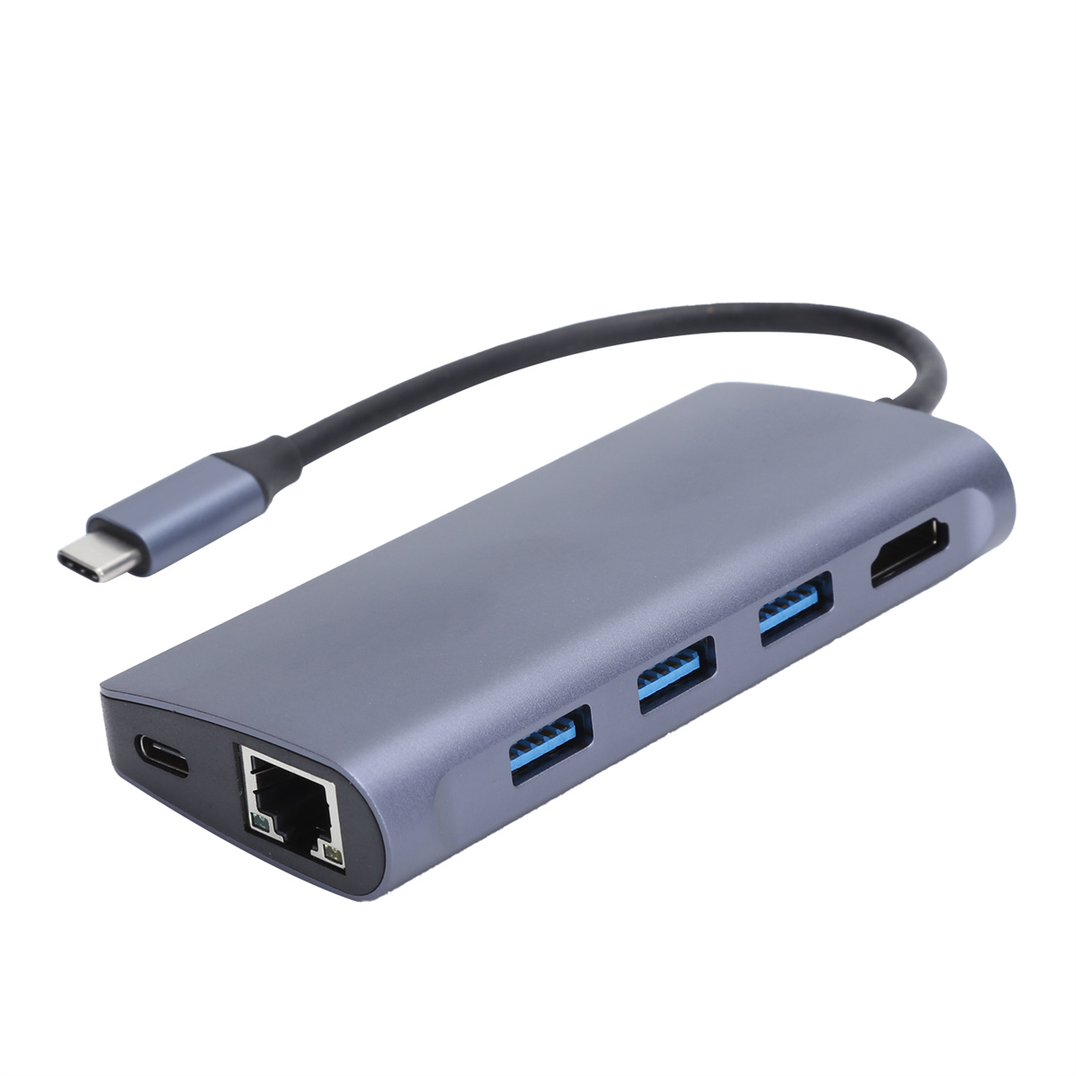 Ein grauer USB-C-Hub mit mehreren Anschlüssen und einem schwarzen Kabel.