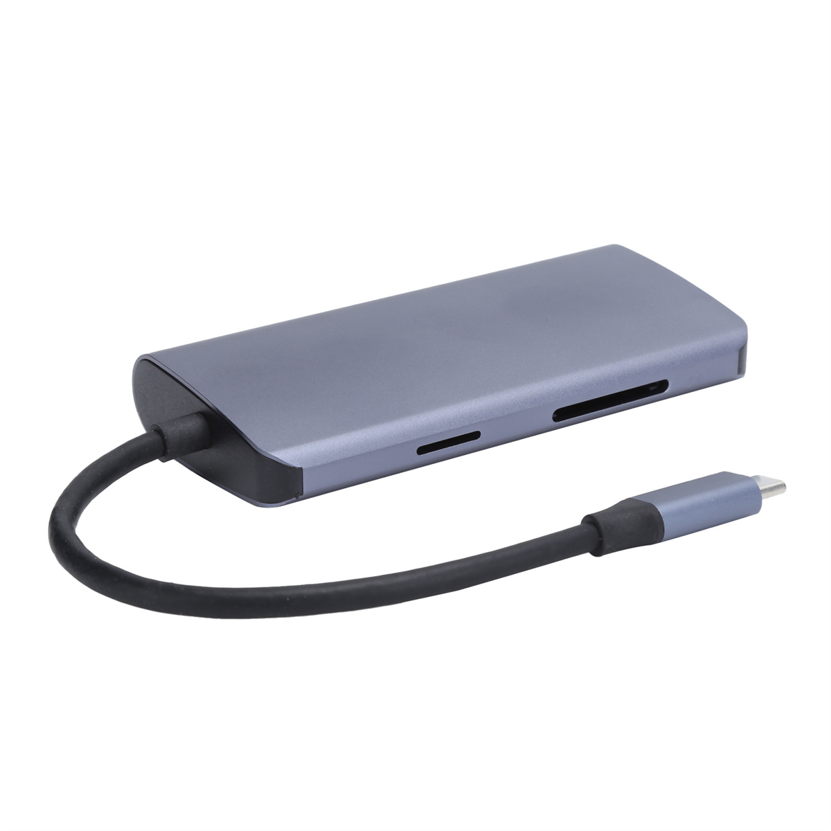 Ein grauer USB-C-Hub mit verschiedenen Anschlüssen, der mit einem schwarzen Kabel mit USB-C-Anschluss verbunden ist.