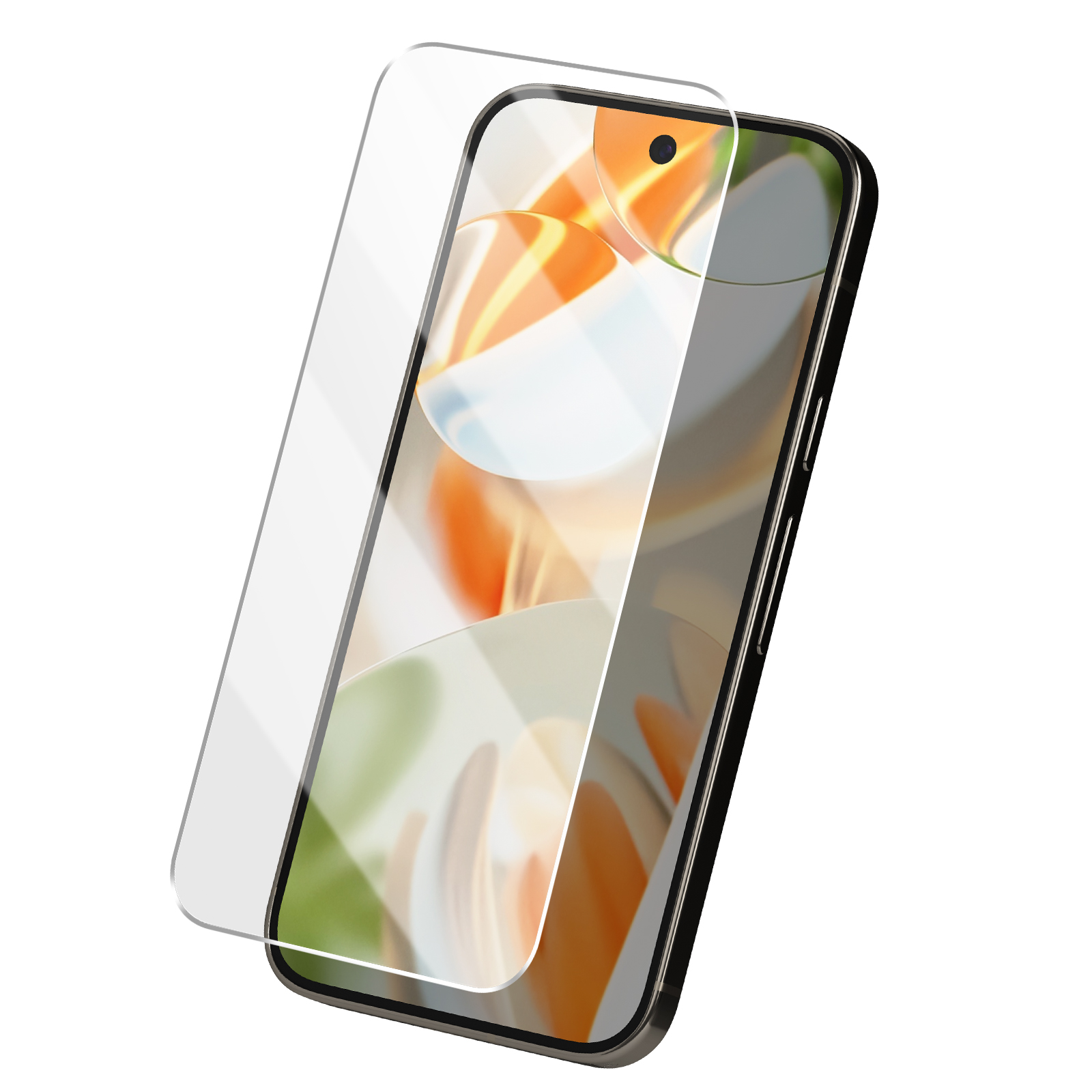 Uno smartphone con una protezione per lo schermo, che mostra un'immagine colorata su sfondo bianco.