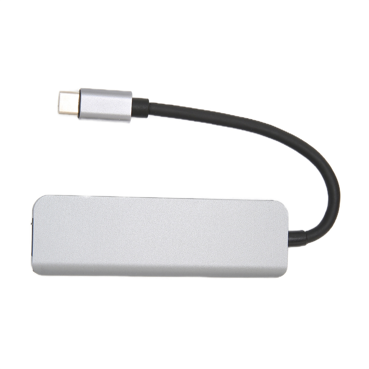 Silberner USB-C-Hub mit schwarzem Kabel auf weißem Hintergrund.