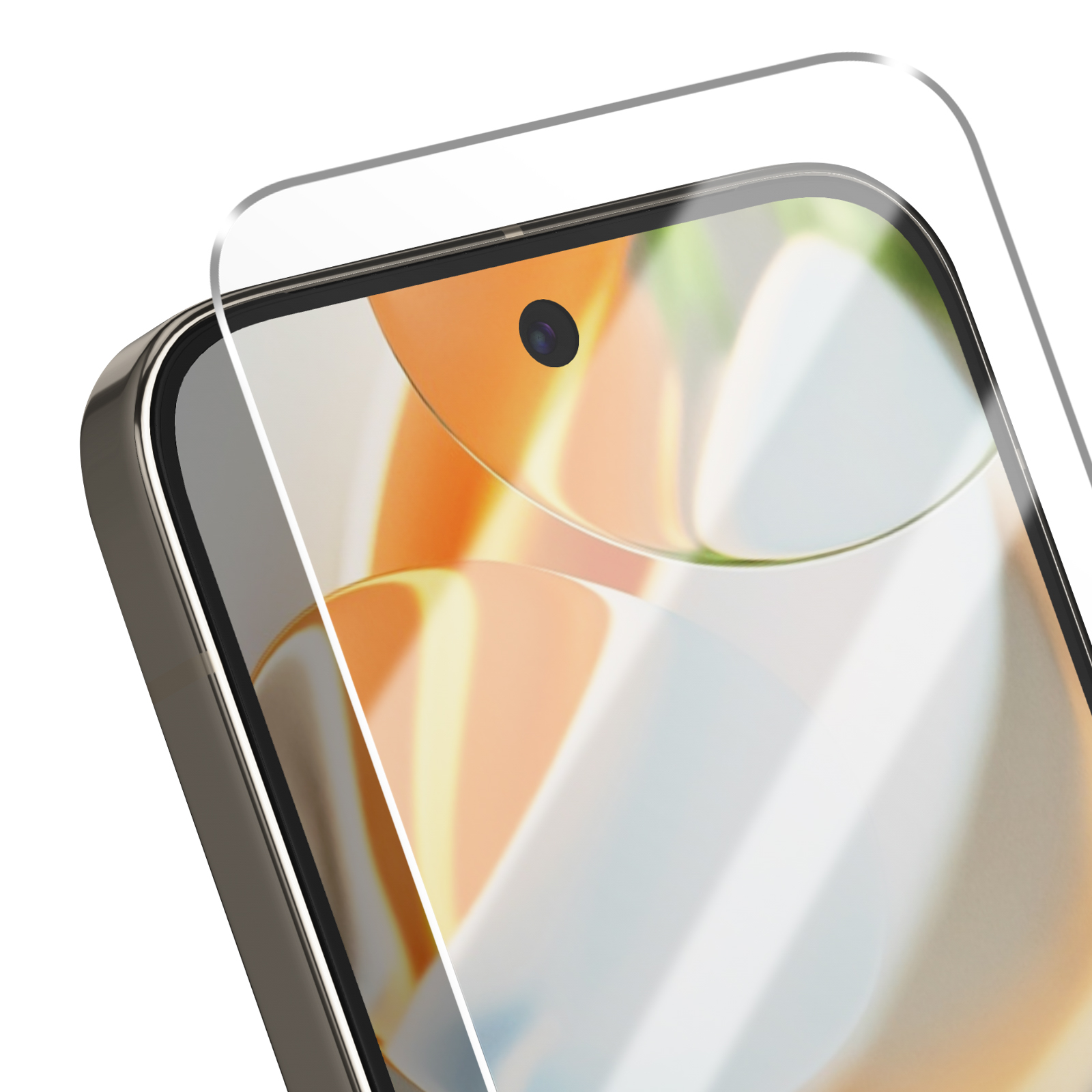 Uno smartphone con una protezione per lo schermo applicata, che mostra l'area della fotocamera anteriore.