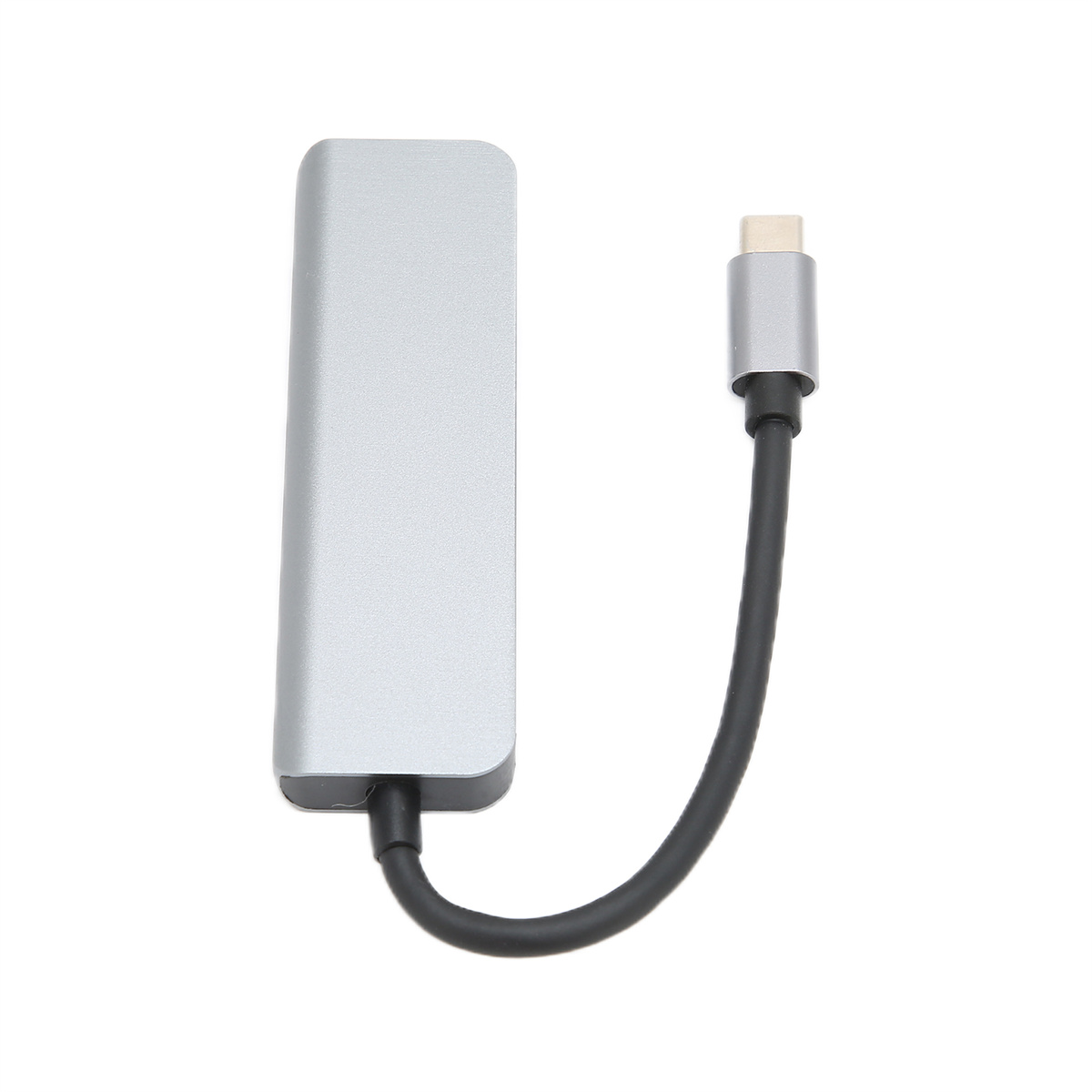 Ein silberner USB-C-Hub mit schwarzem Kabel und USB-C-Anschluss.