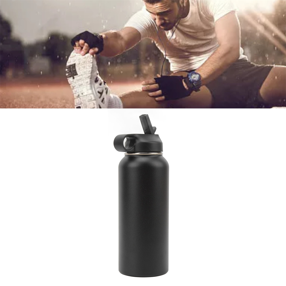 Mann beim Dehnen, mit schwarzer Wasserflasche im Vordergrund.