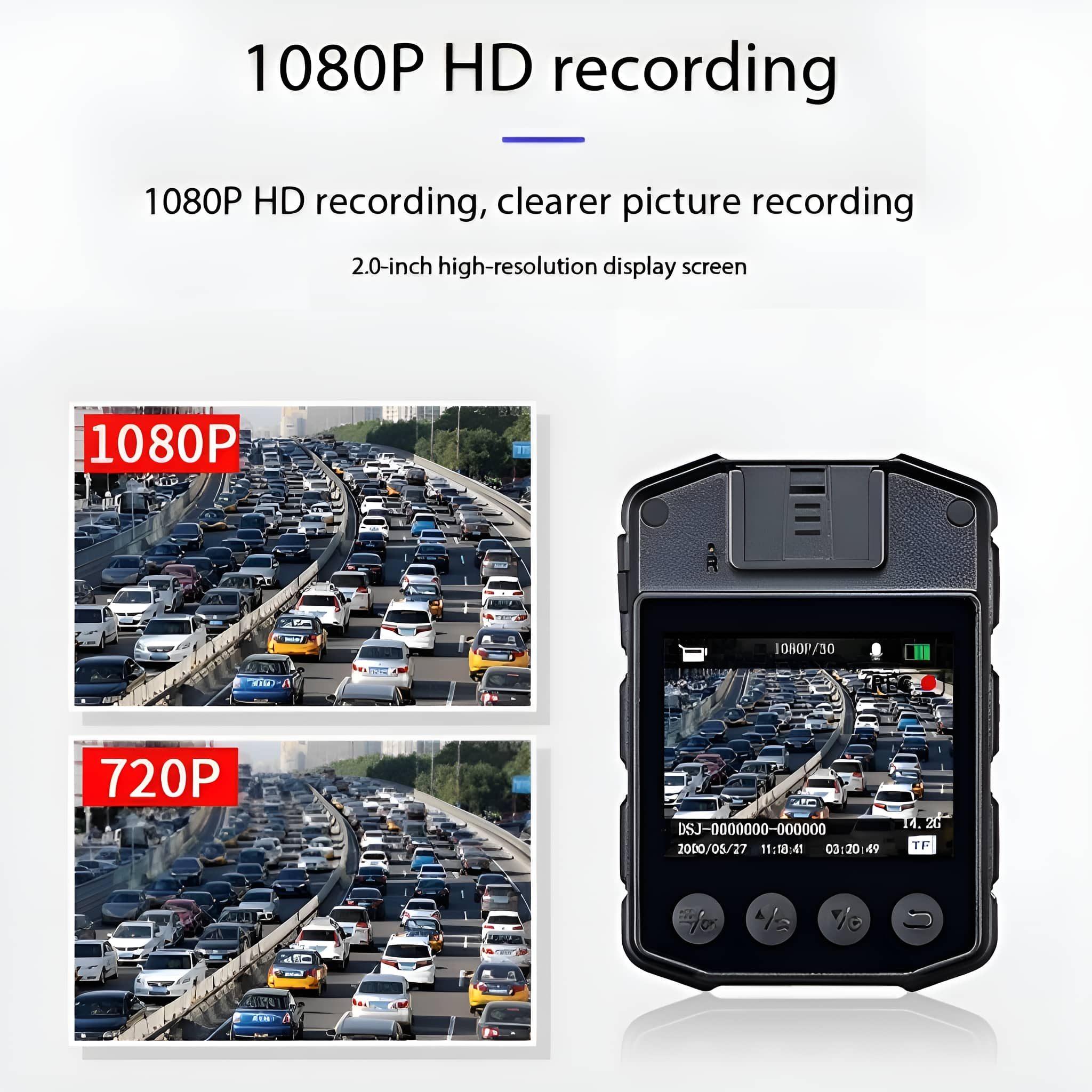Ein tragbares 1080P HD-Aufnahmegerät, das Verkehr auf einem Bildschirm anzeigt, mit 720P-Vergleich.