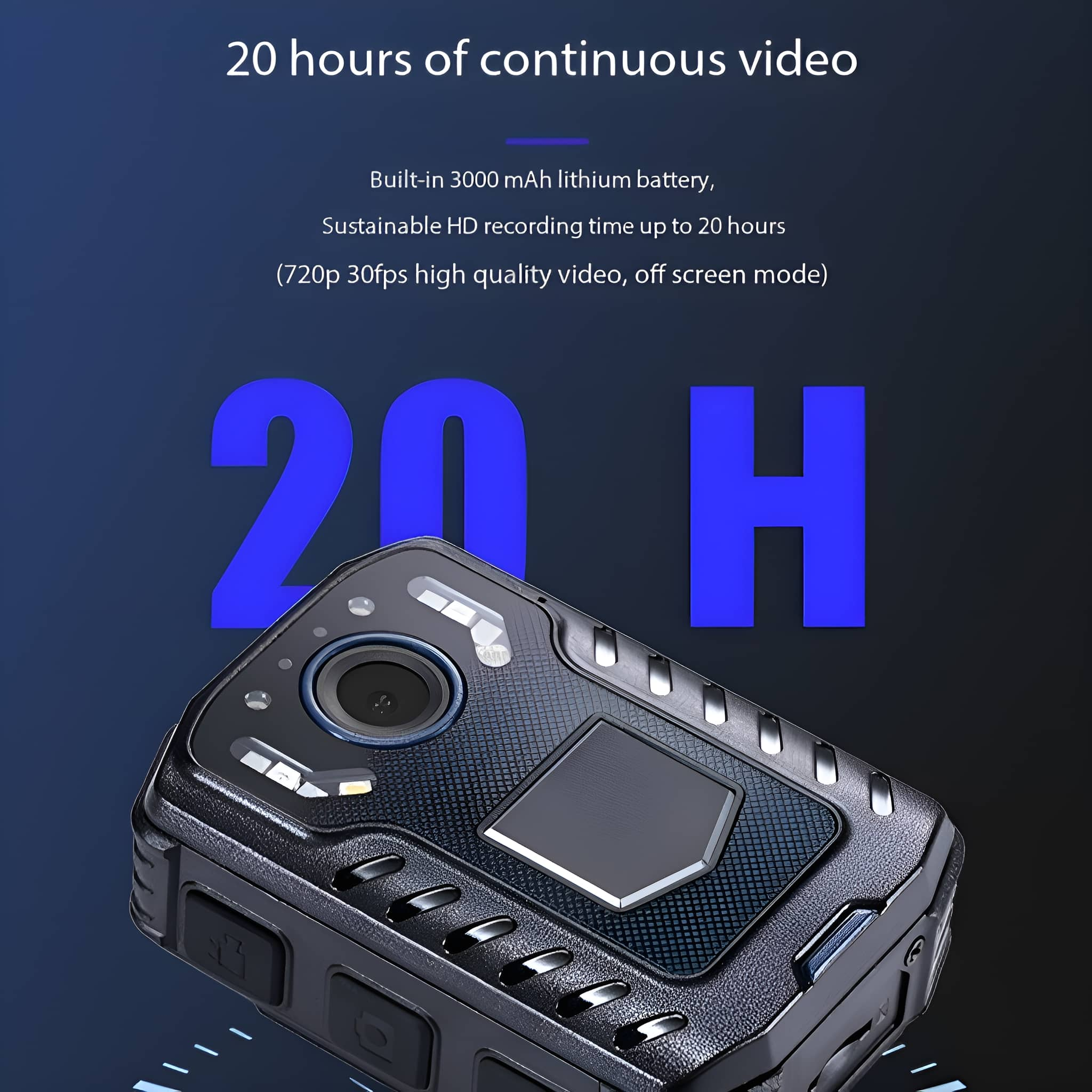 Kleine schwarze Kamera mit Textüberlagerung, die 20 Stunden Videoaufnahme bewirbt.