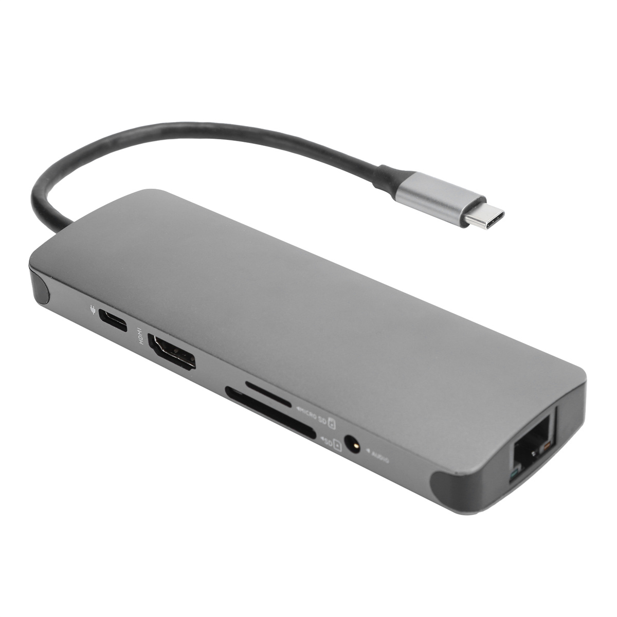 Ein grauer USB-C-Hub mit mehreren Anschlüssen, einschließlich HDMI, USB und Ethernet, mit schwarzem Kabel.