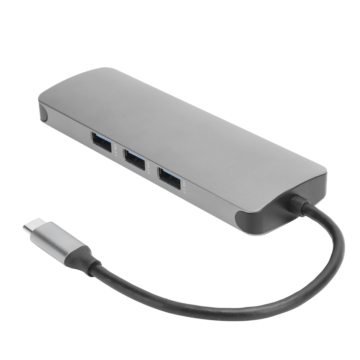 Silberner USB-C-Hub mit 3 USB-Anschlüssen. Ein schwarzes Kabel und ein USB-C-Anschluss erstrecken sich vom Hub.