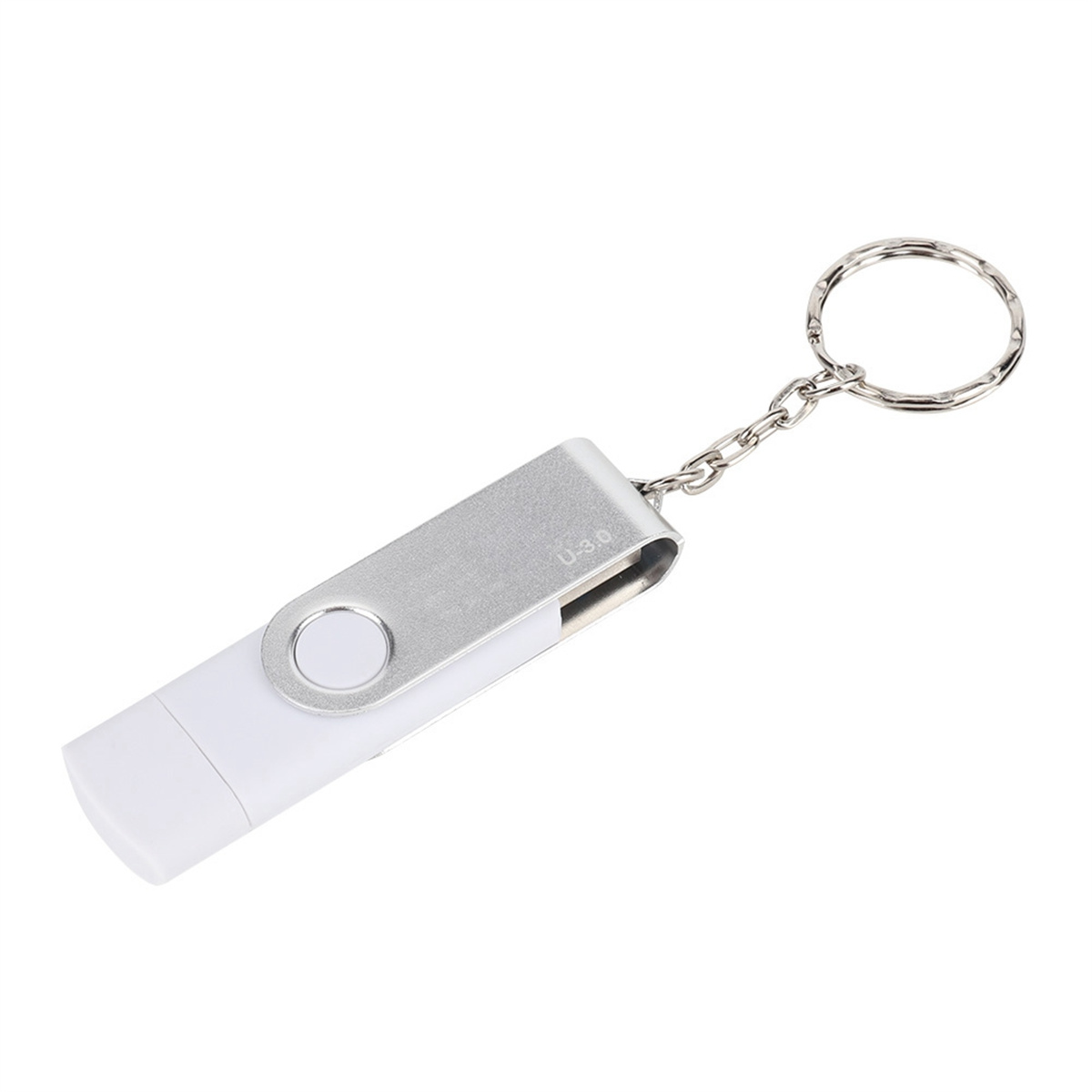 Weißer und silberner USB-Stick mit Schlüsselring. Das Laufwerk befindet sich in einem weißen und silbernen Gehäuse.