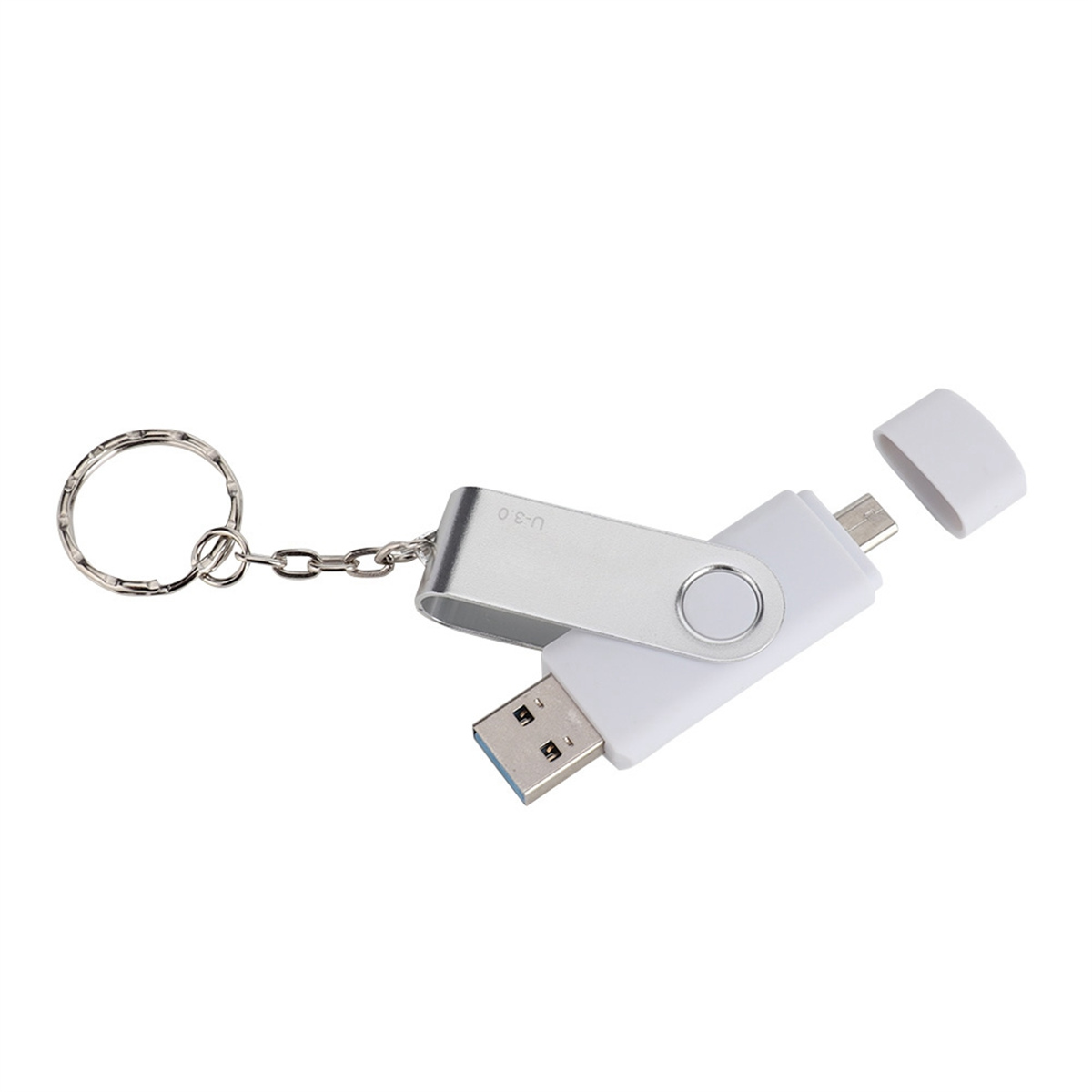 Weißer und silberner USB-Stick mit Schlüsselring.