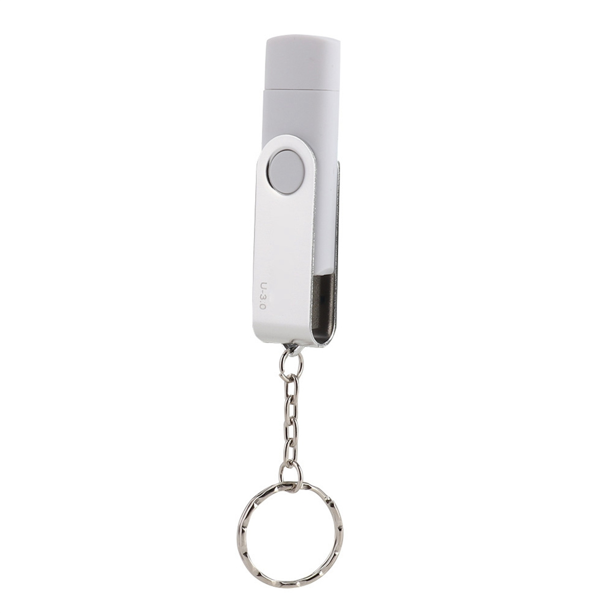 Ein silberner und weißer USB-Stick mit einem Schlüsselanhänger.