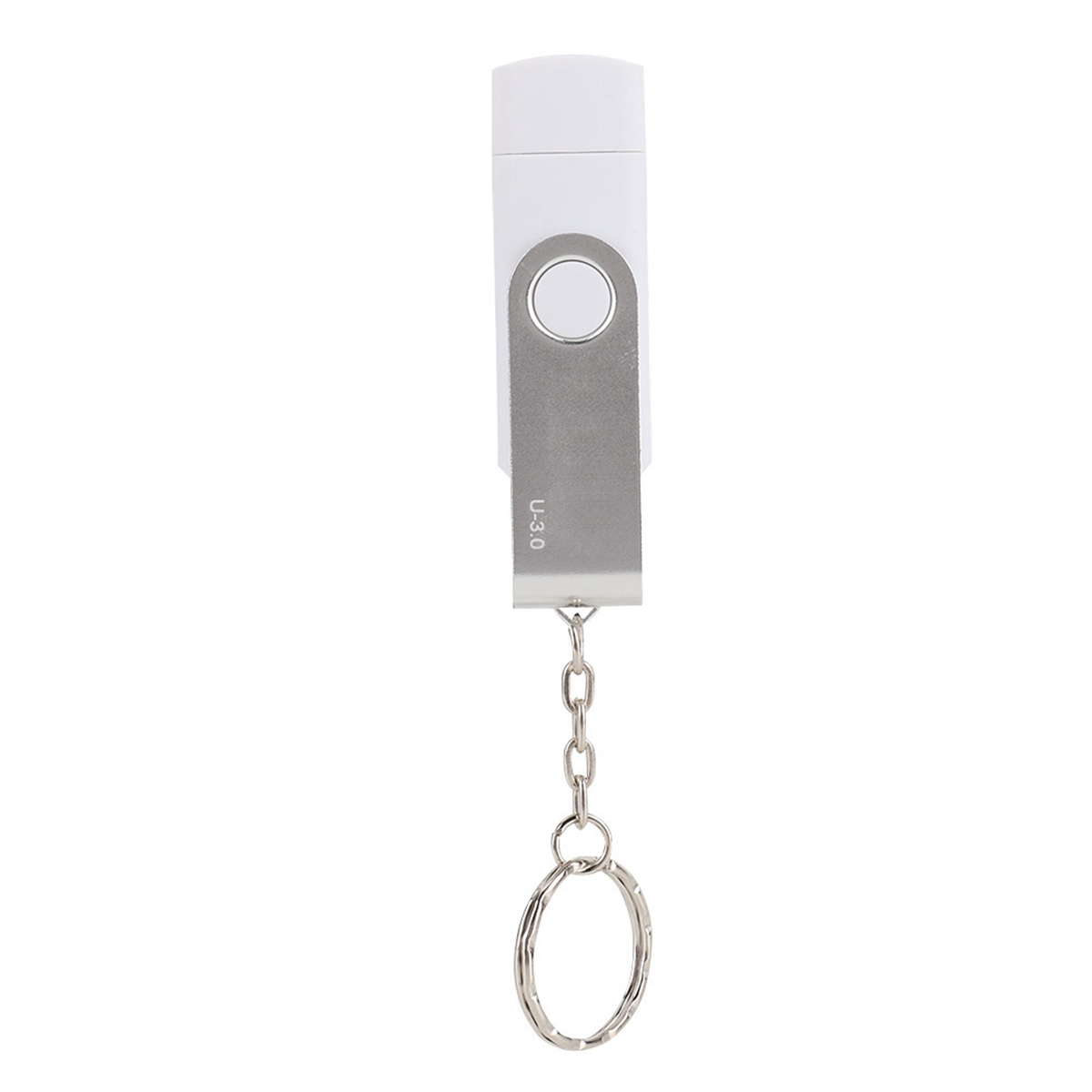 Weißer und silberner USB-Stick mit Schlüsselanhänger, isoliert auf weißem Hintergrund.