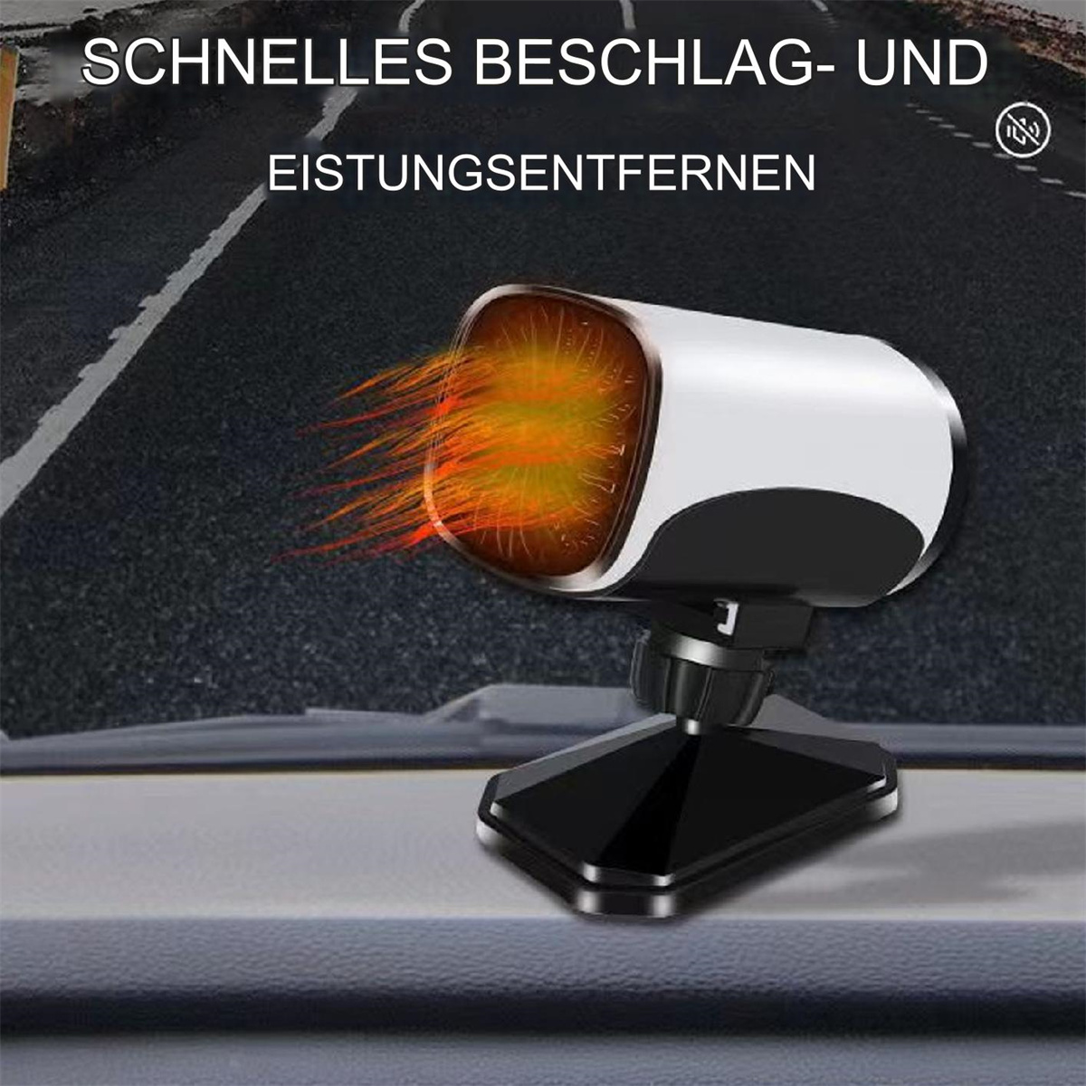 Ein Auto-Enteiser befindet sich auf dem Armaturenbrett, mit Text über schnelles Enteisen. Es ist schwarz und silber.