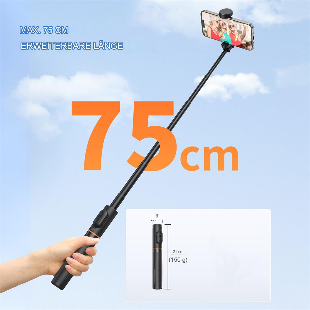Schwarzer Selfie-Stick mit befestigtem Telefon, der die 75 cm Verlängerungslänge zeigt.