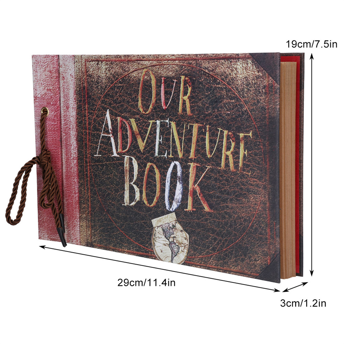 Ein Buch mit dem Titel "OUR ADVENTURE BOOK". Brauner Einband, rote Seiten, braune Schnur.